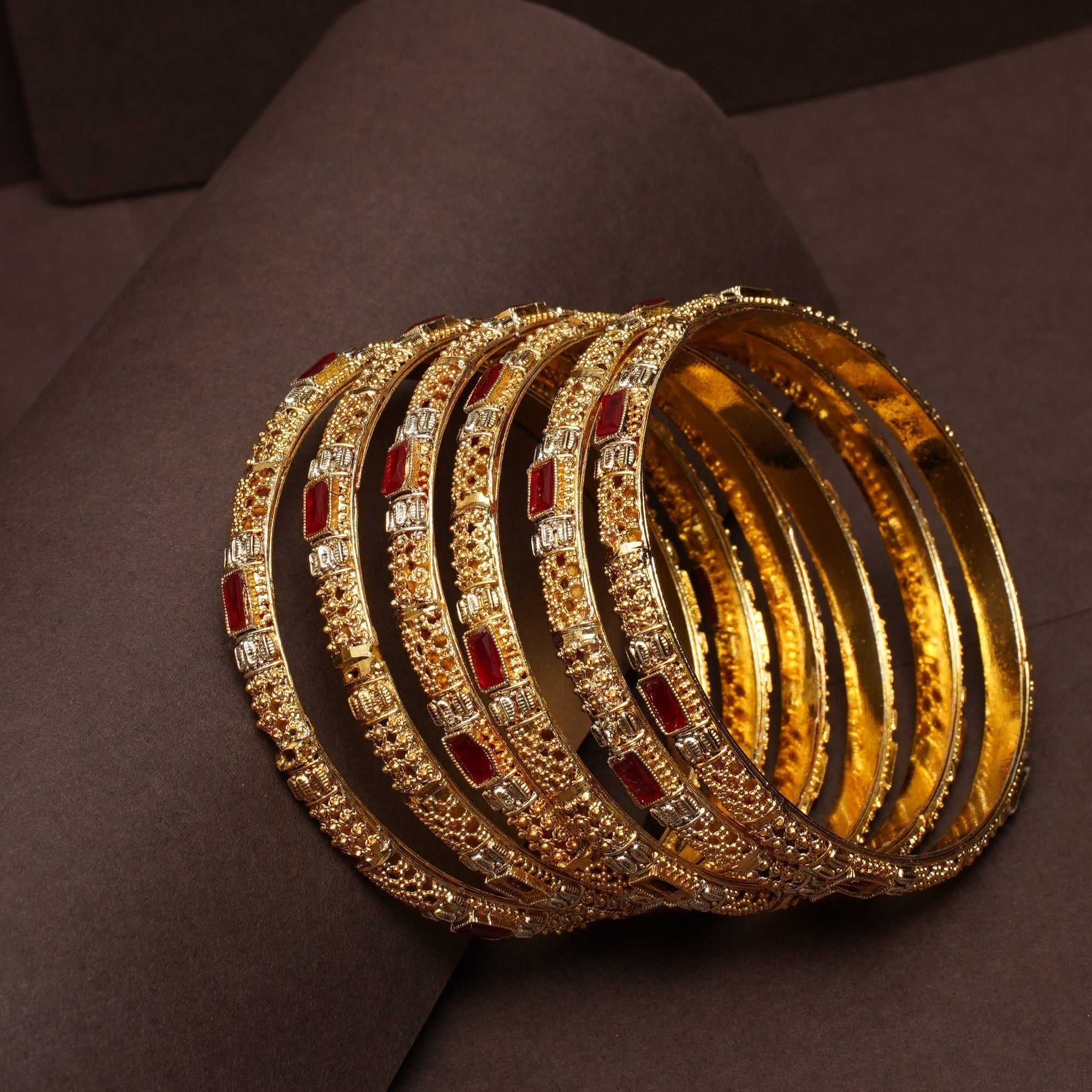 Exquisite Gold Bangles with Ruby-Red and Diamond Detailing 2pc