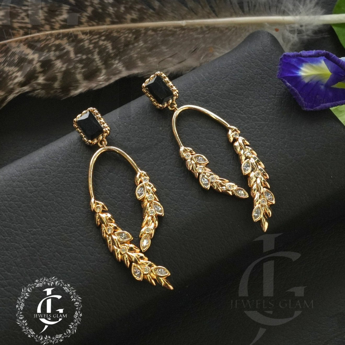 Golden Laurel Drop Earrings with Black Accent