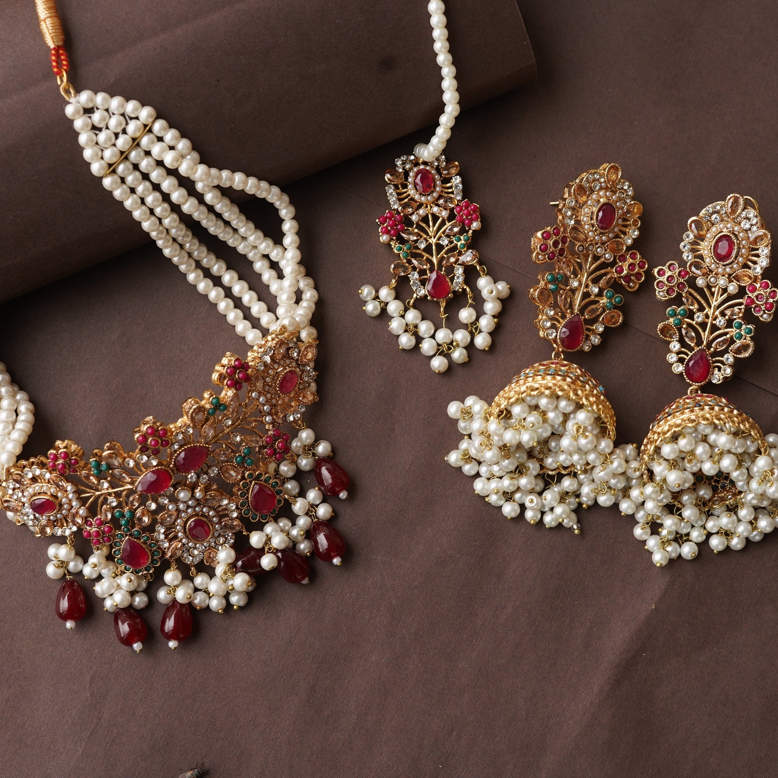 Royal Ruby and Pearl Bridal Jewelry Set
