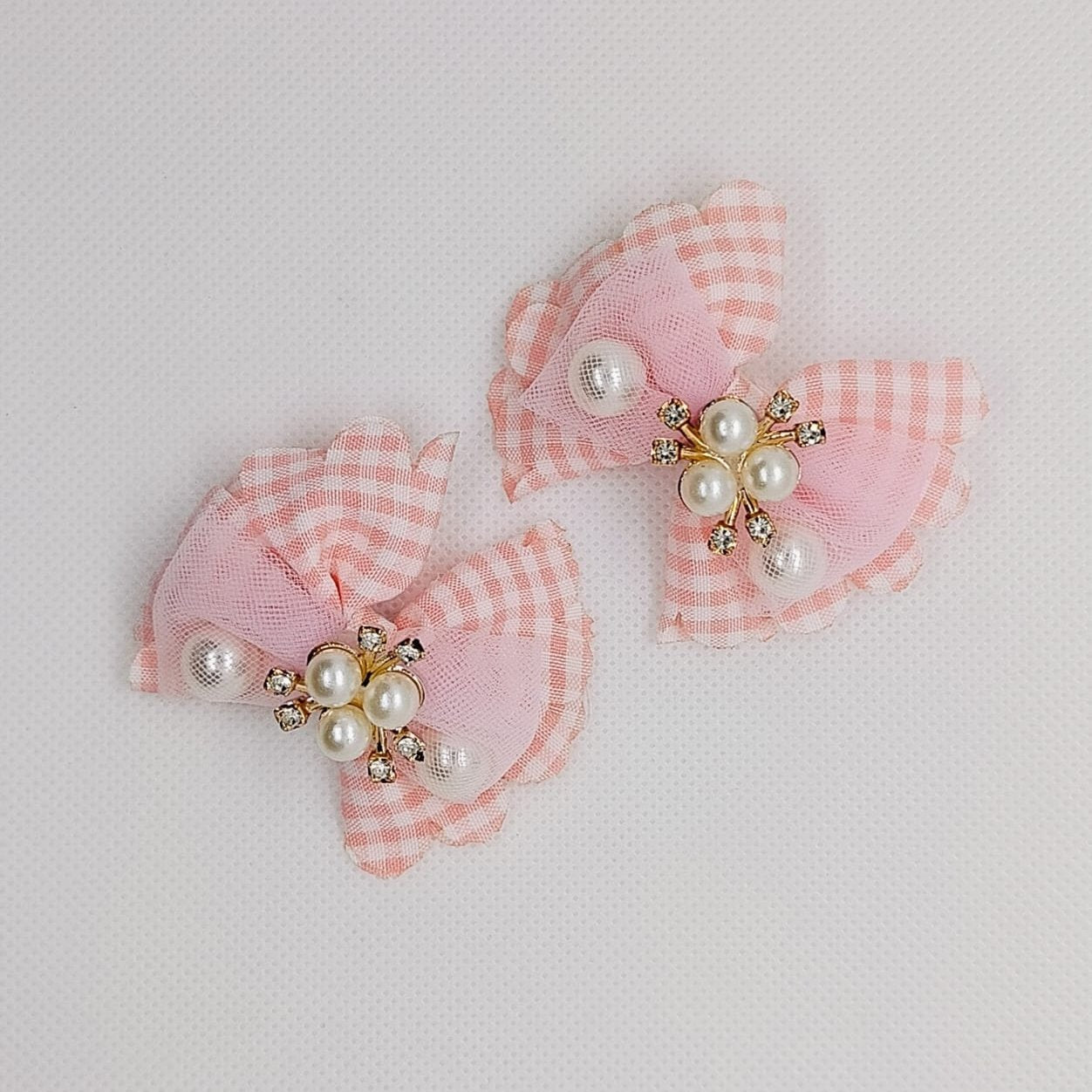 Gingham Pearl Bow Hair Clips(Pair)