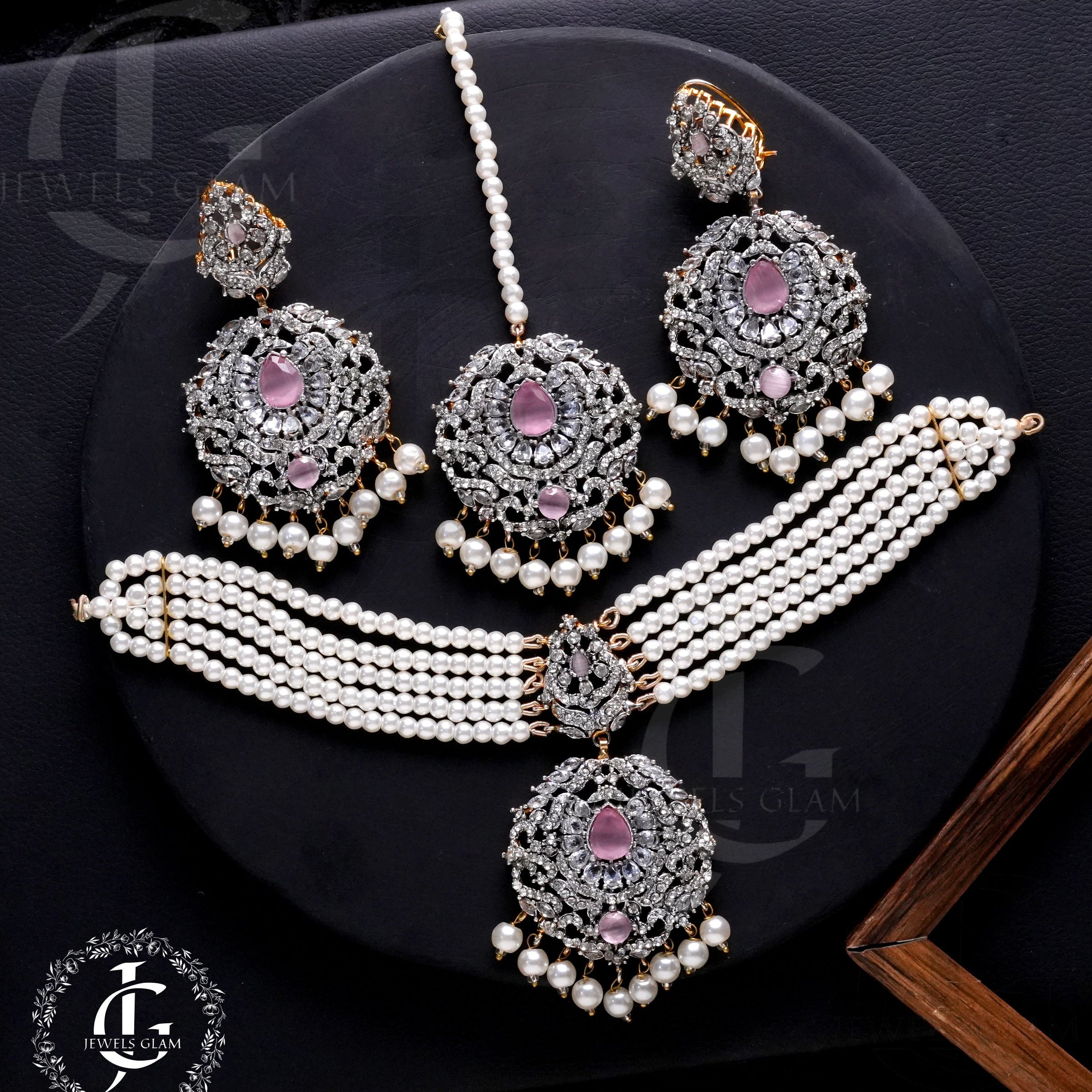 Studded Zircon Choker Set Pink