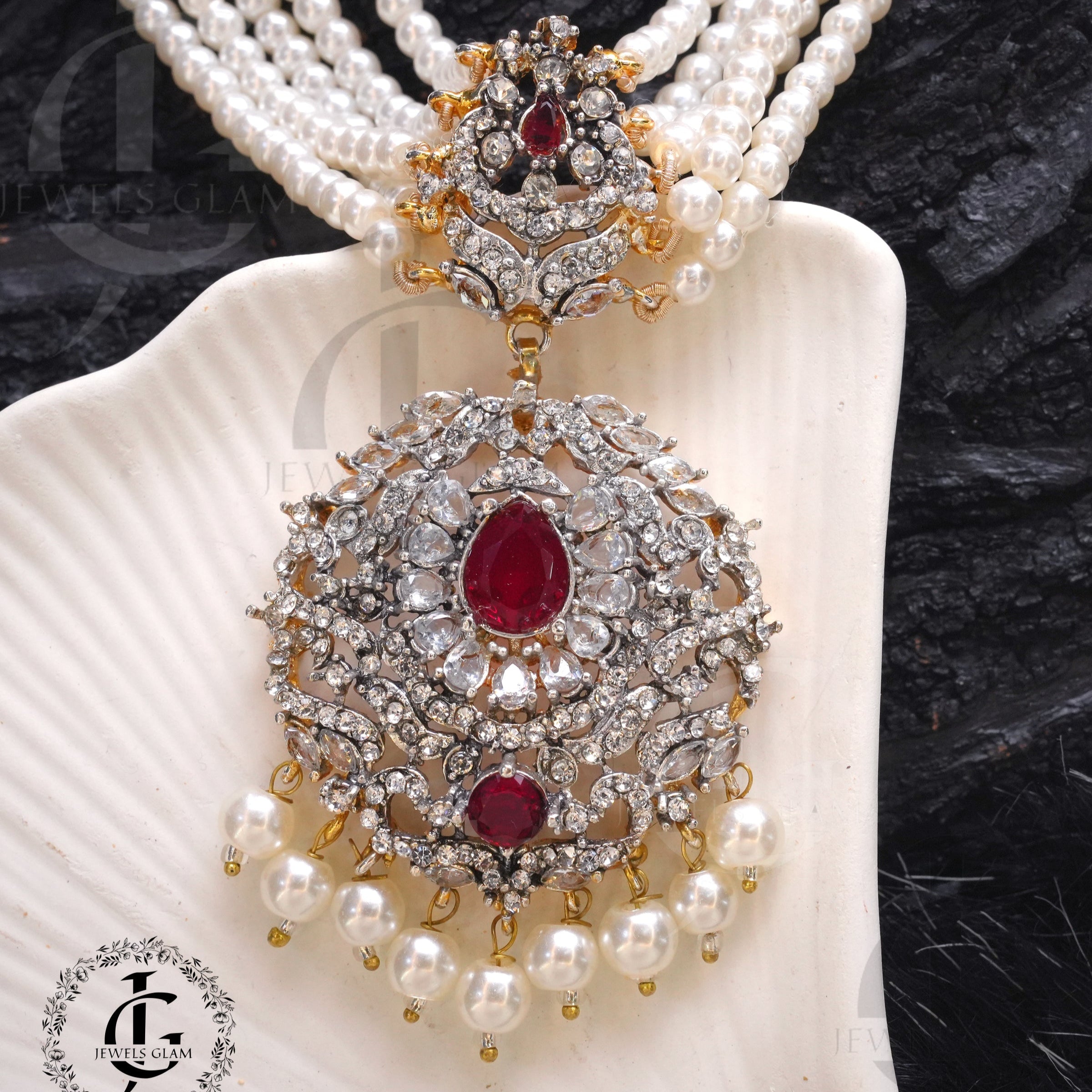 Studded Zircon Choker Set Red