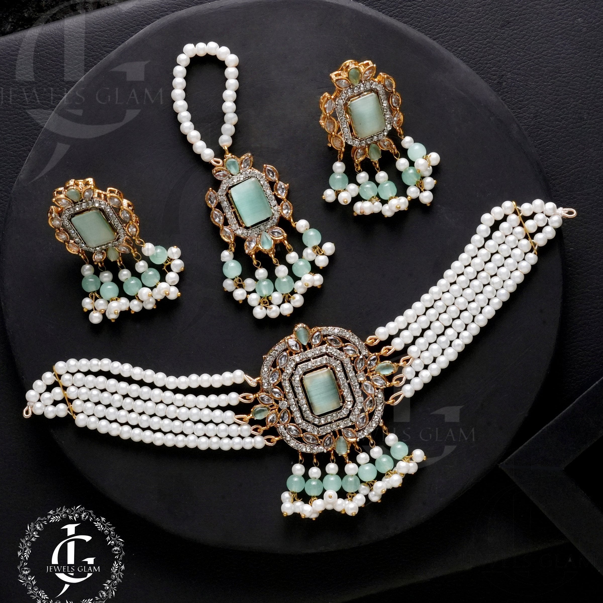 American Diamond Choker Set With Tika Mint Green