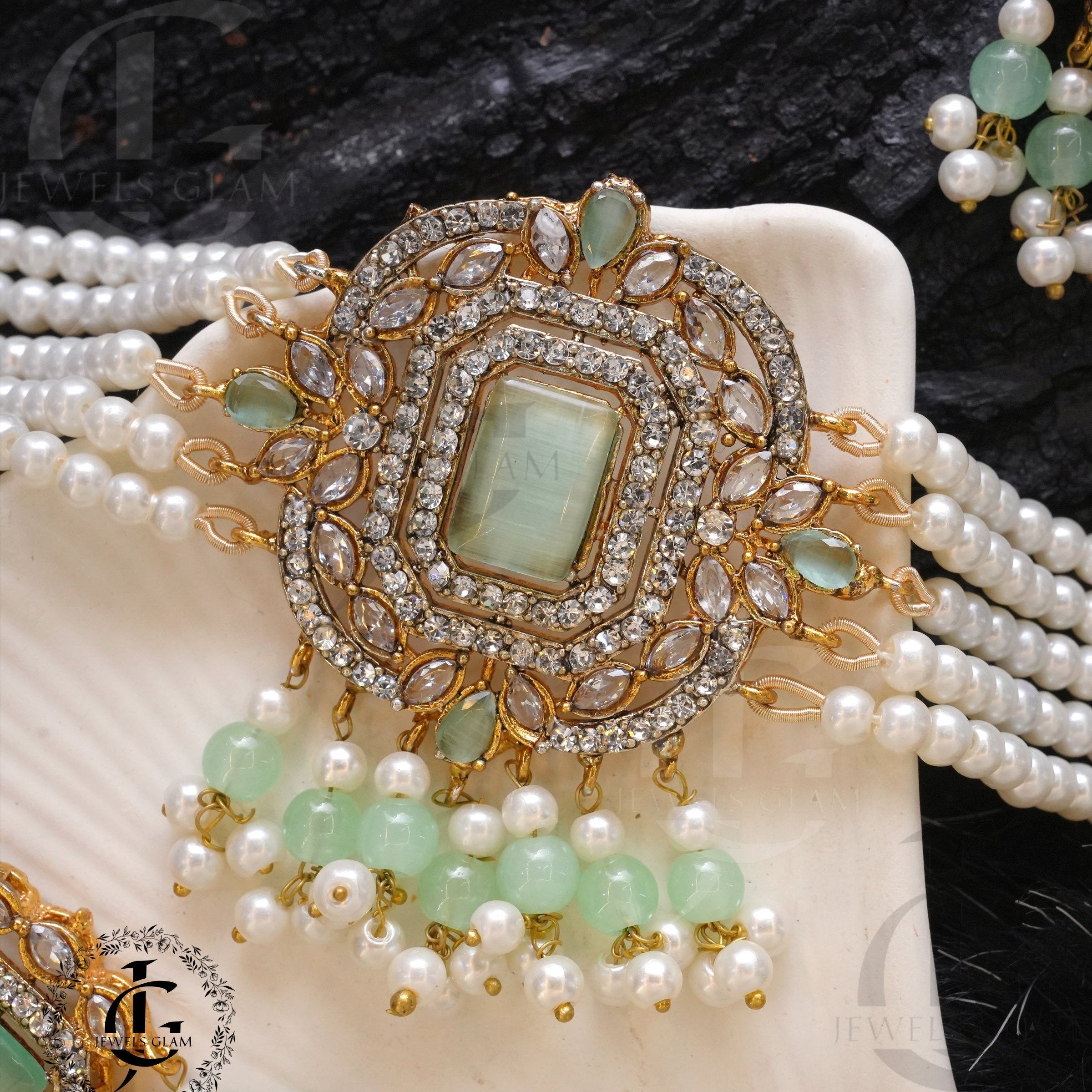 American Diamond Choker Set With Tika Mint Green