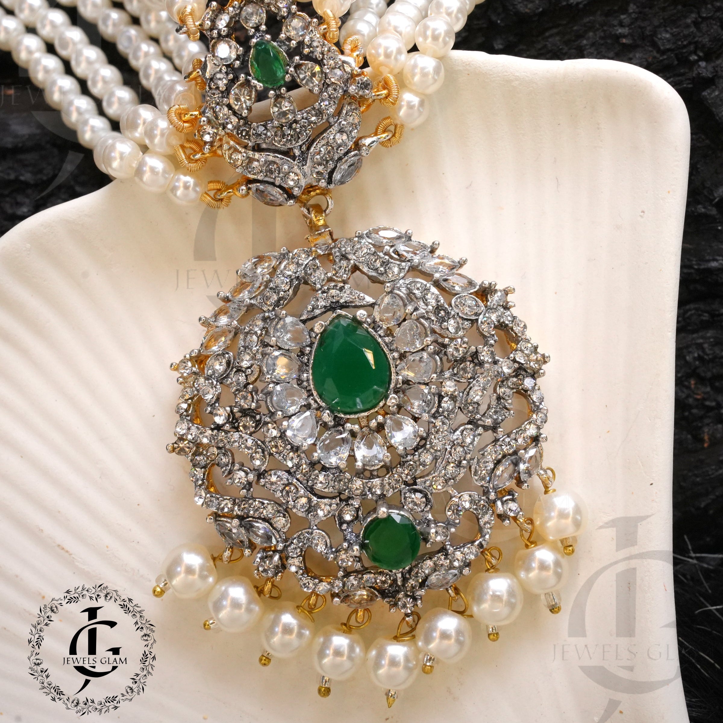 Studded Zircon Choker Set Green