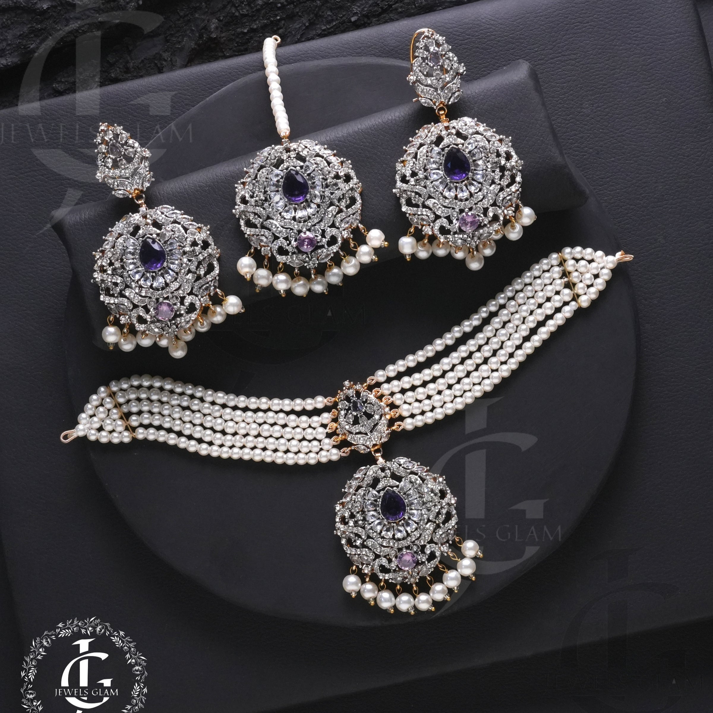 Studded Zircon Choker Set Purple