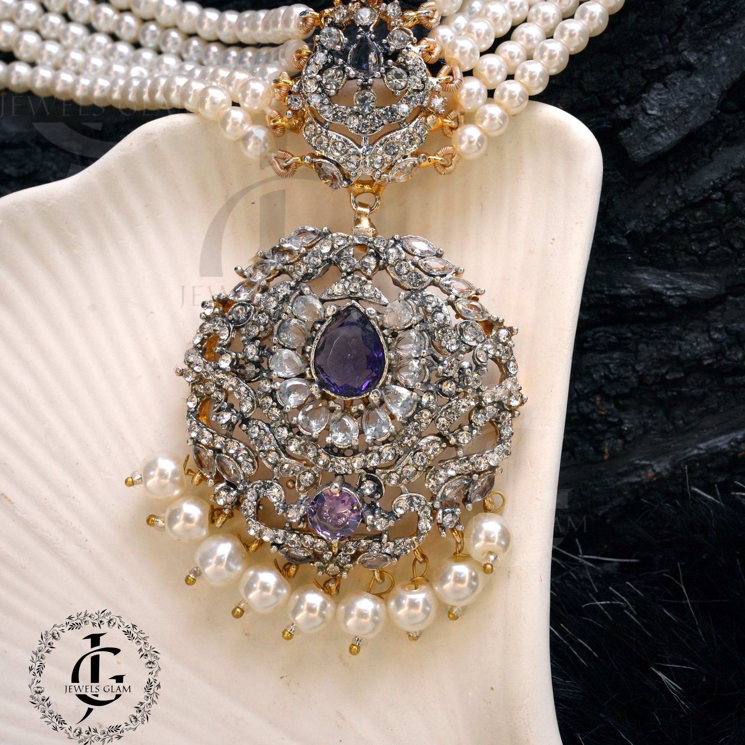 Studded Zircon Choker Set Purple