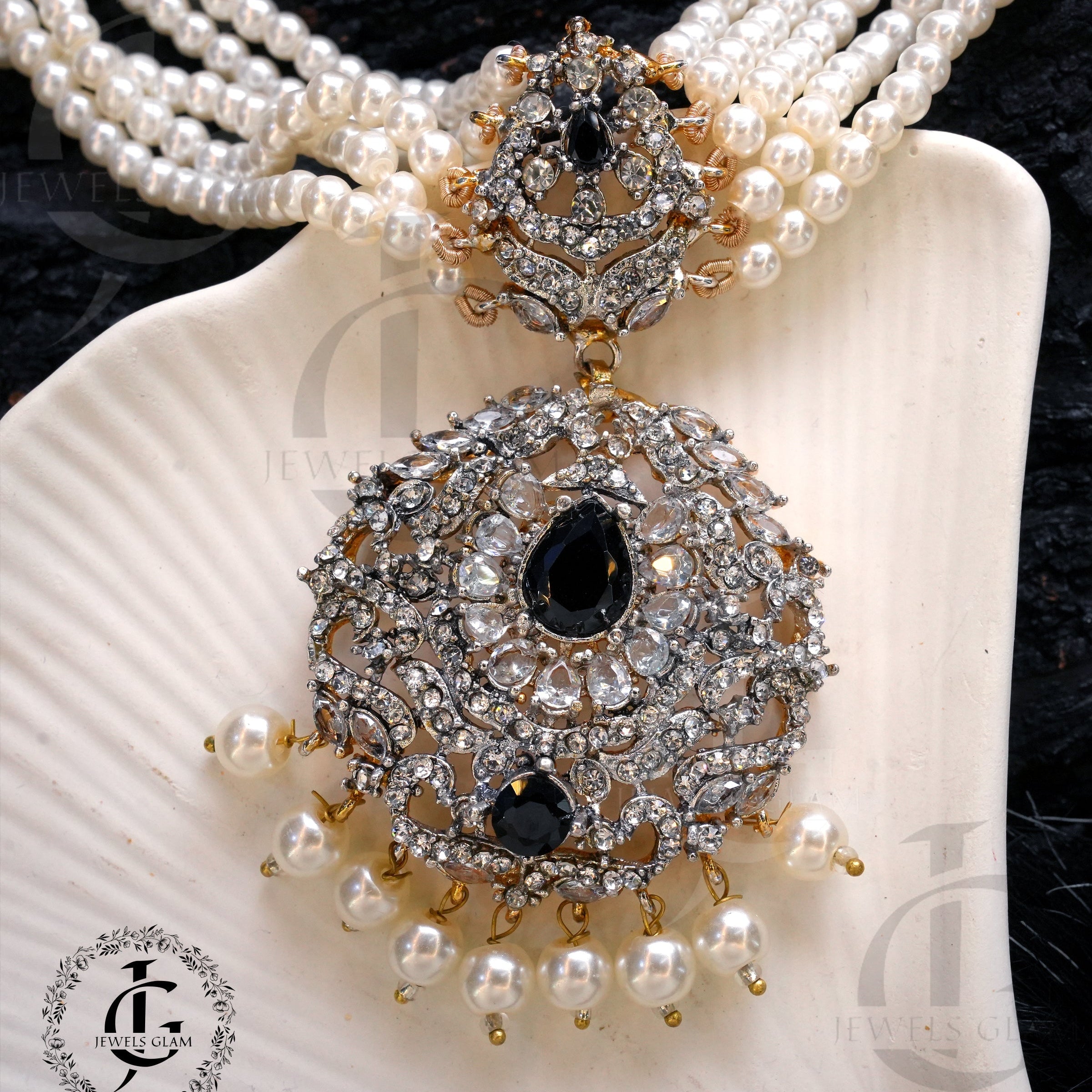 Studded Zircon Choker Set Black