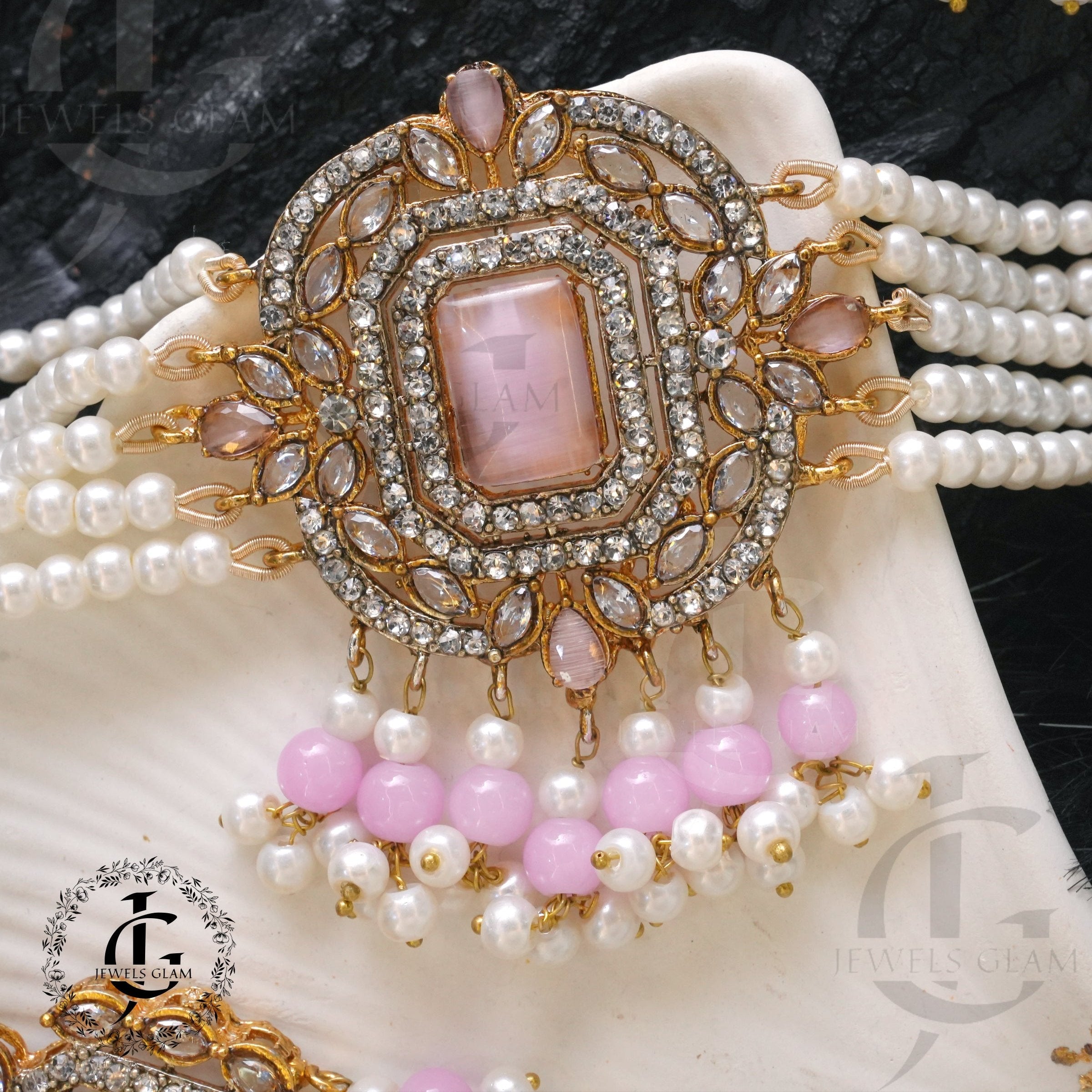 American Diamond Choker Set With Tika Pink