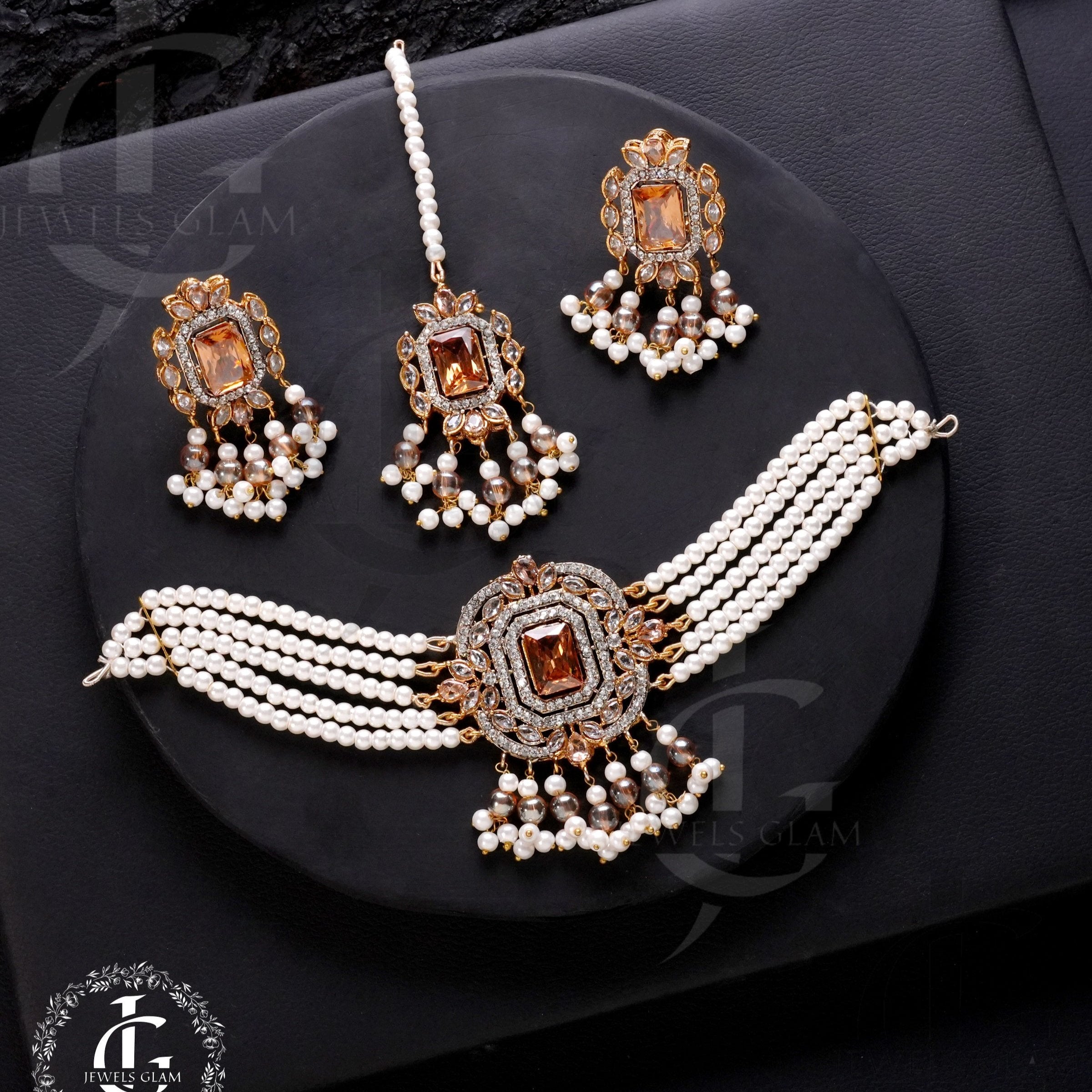 American Diamond Choker Set With Tika Champagne