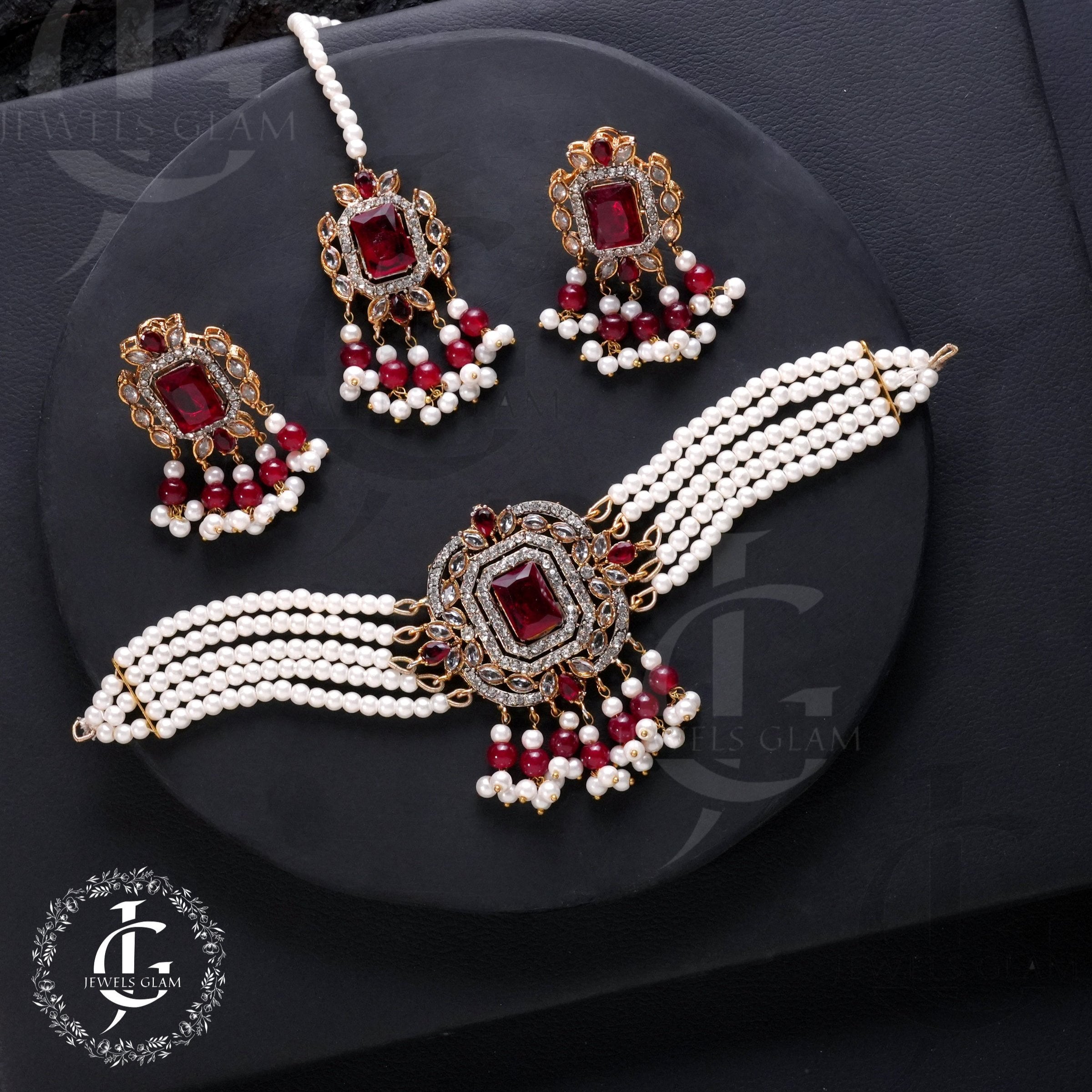 American Diamond Choker Set With Tika Red