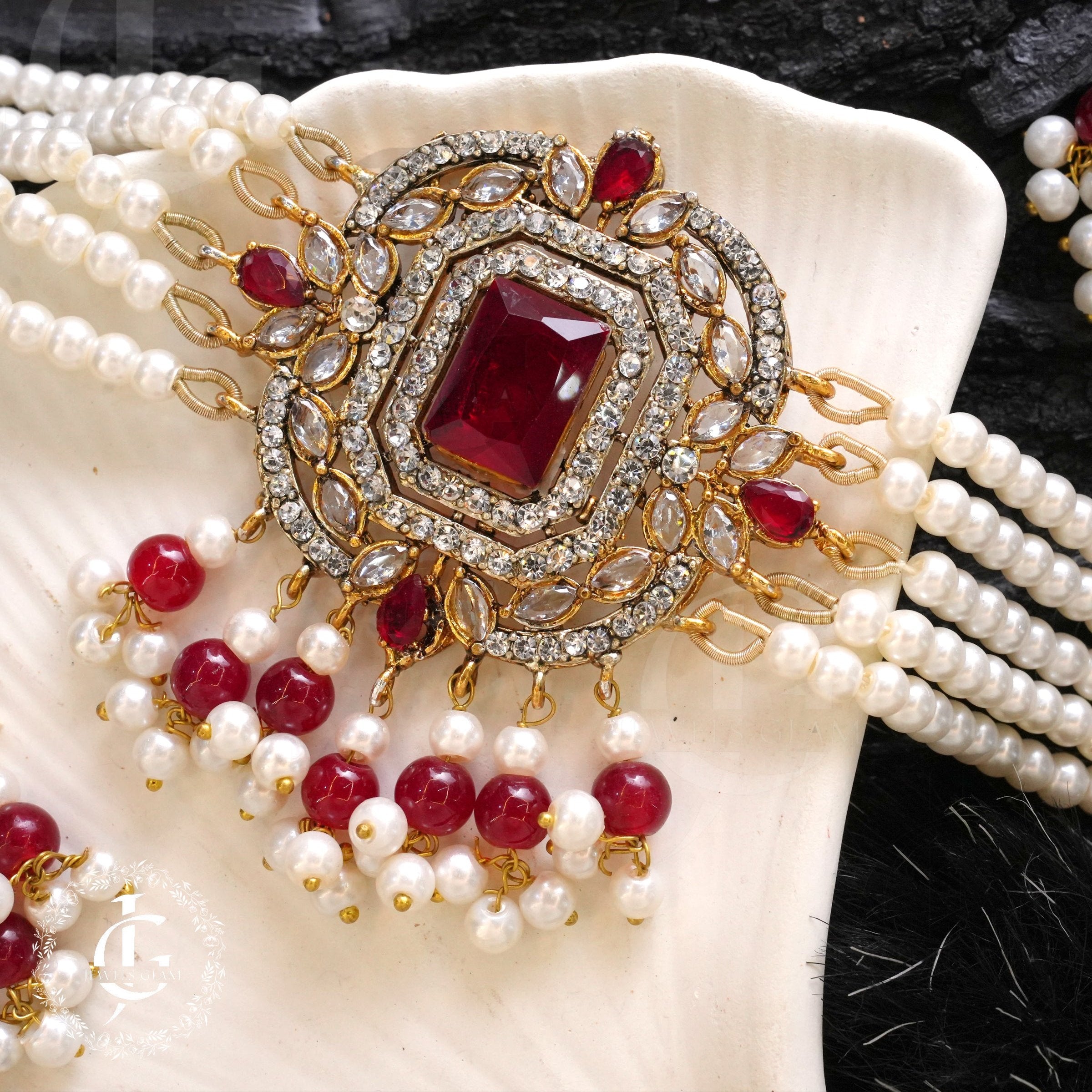 American Diamond Choker Set With Tika Red