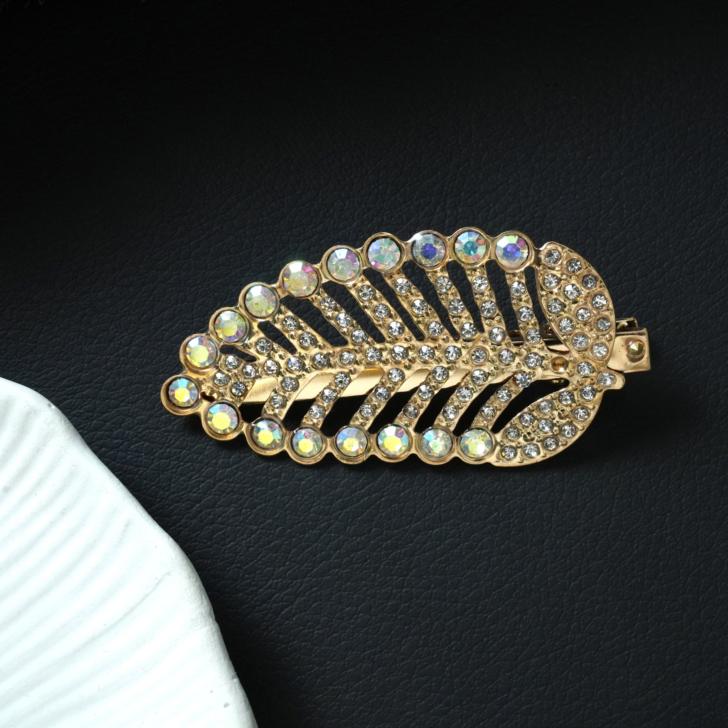 Radiant Gold Crystal Leaf Metal Hair Pin