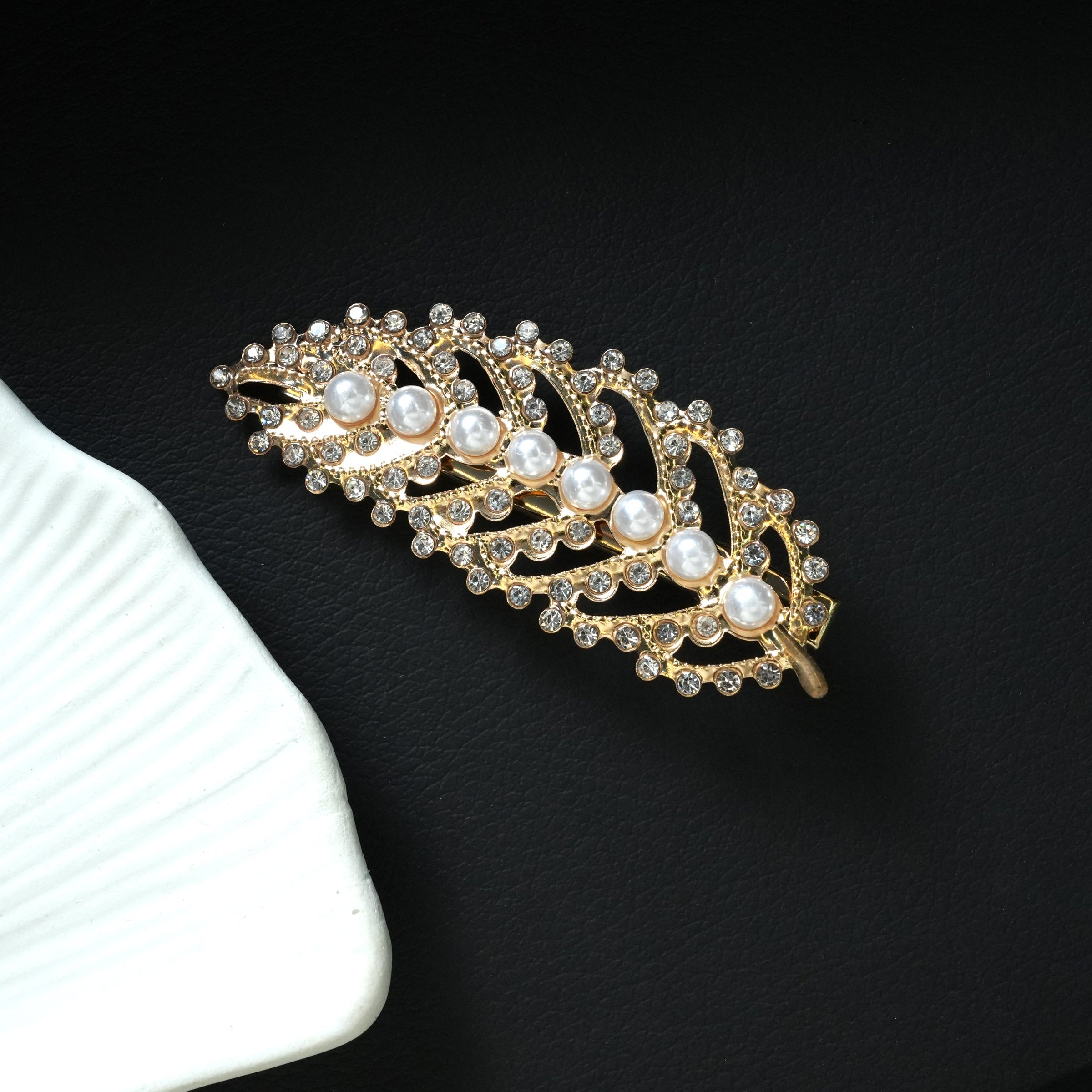 Elegant Gold Pearl & Crystal Leaf Hair Pin Pair