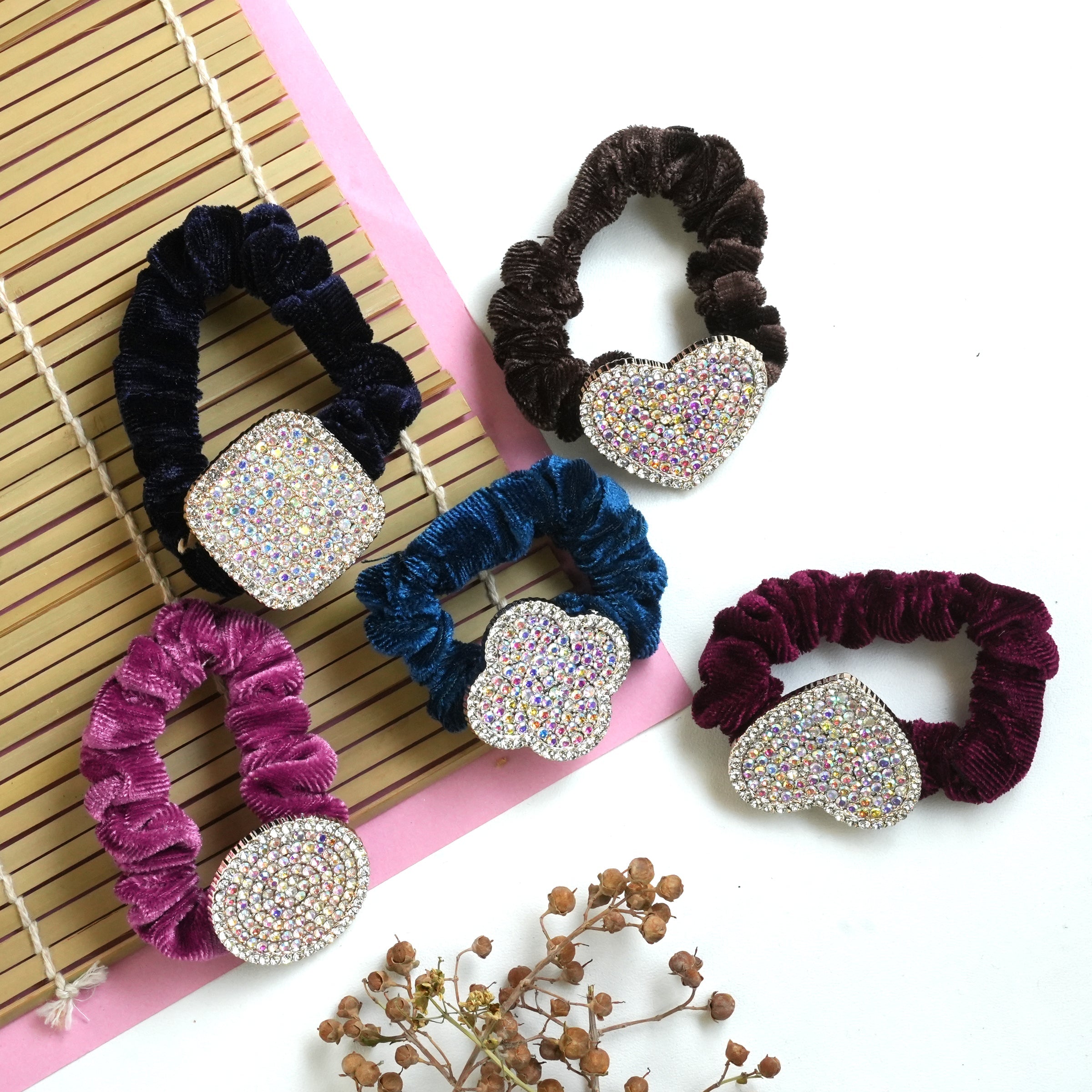 Velvet Crystal Charm Hair Ties - Set of 5