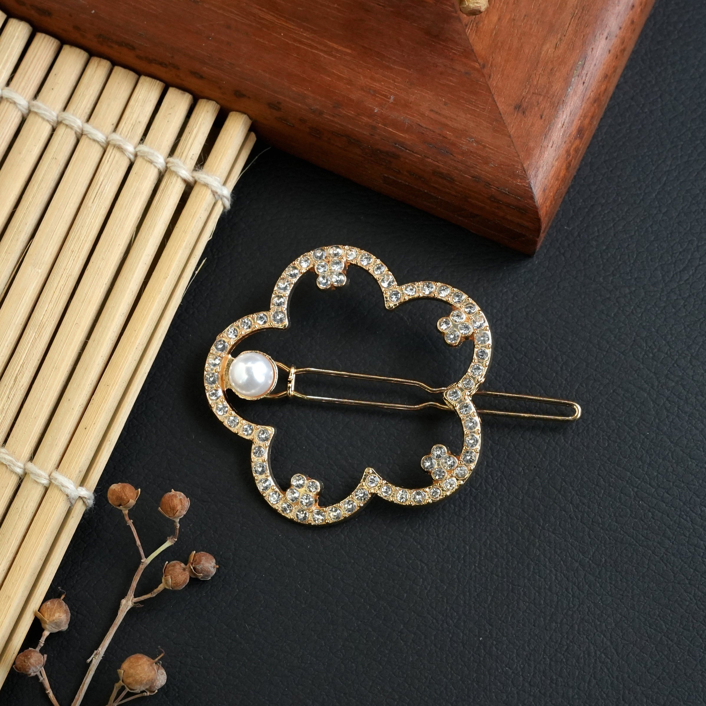 Crystal Pearl Clover Metal Hair Pin