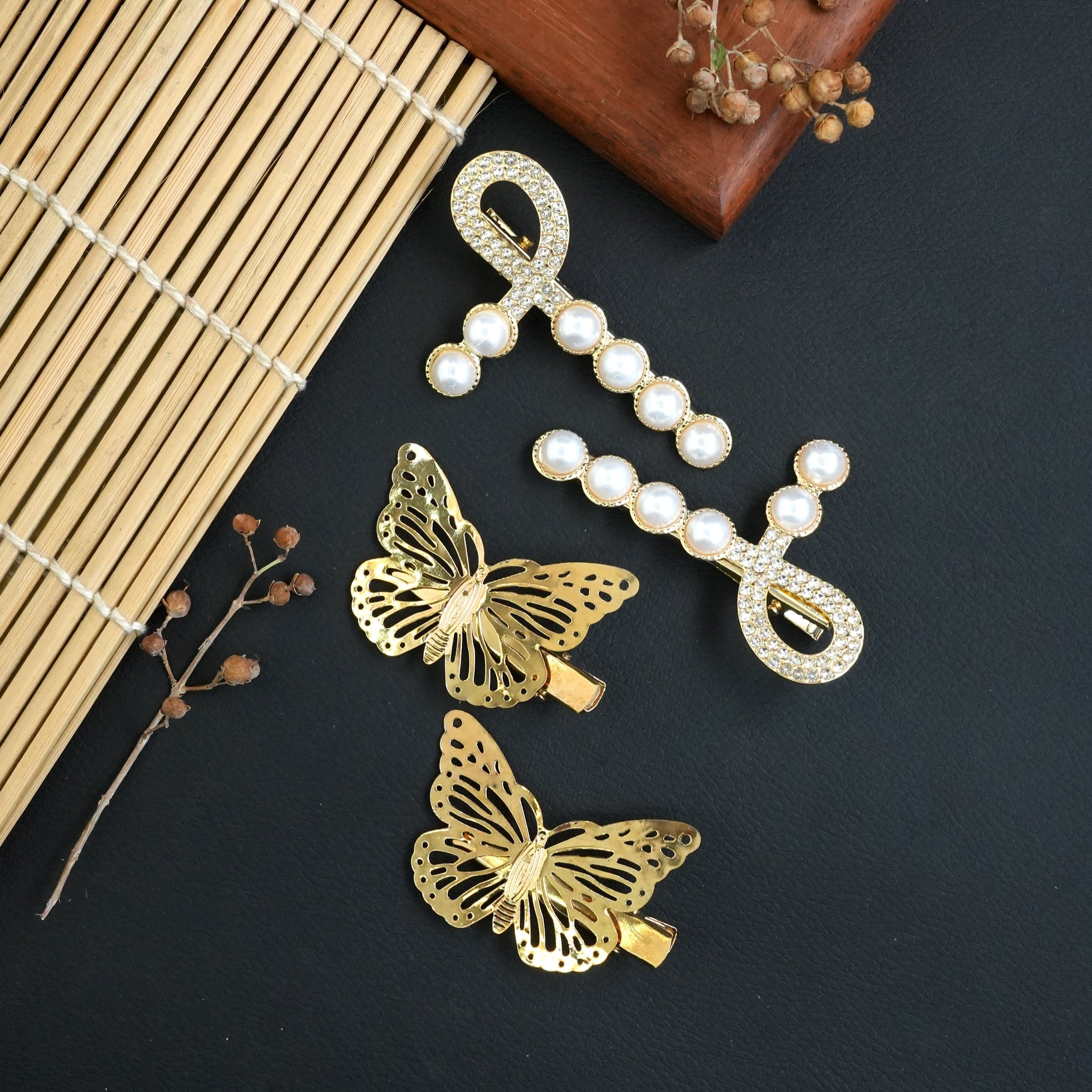 Elegant Butterfly & Pearl Metal Hair Pins Set