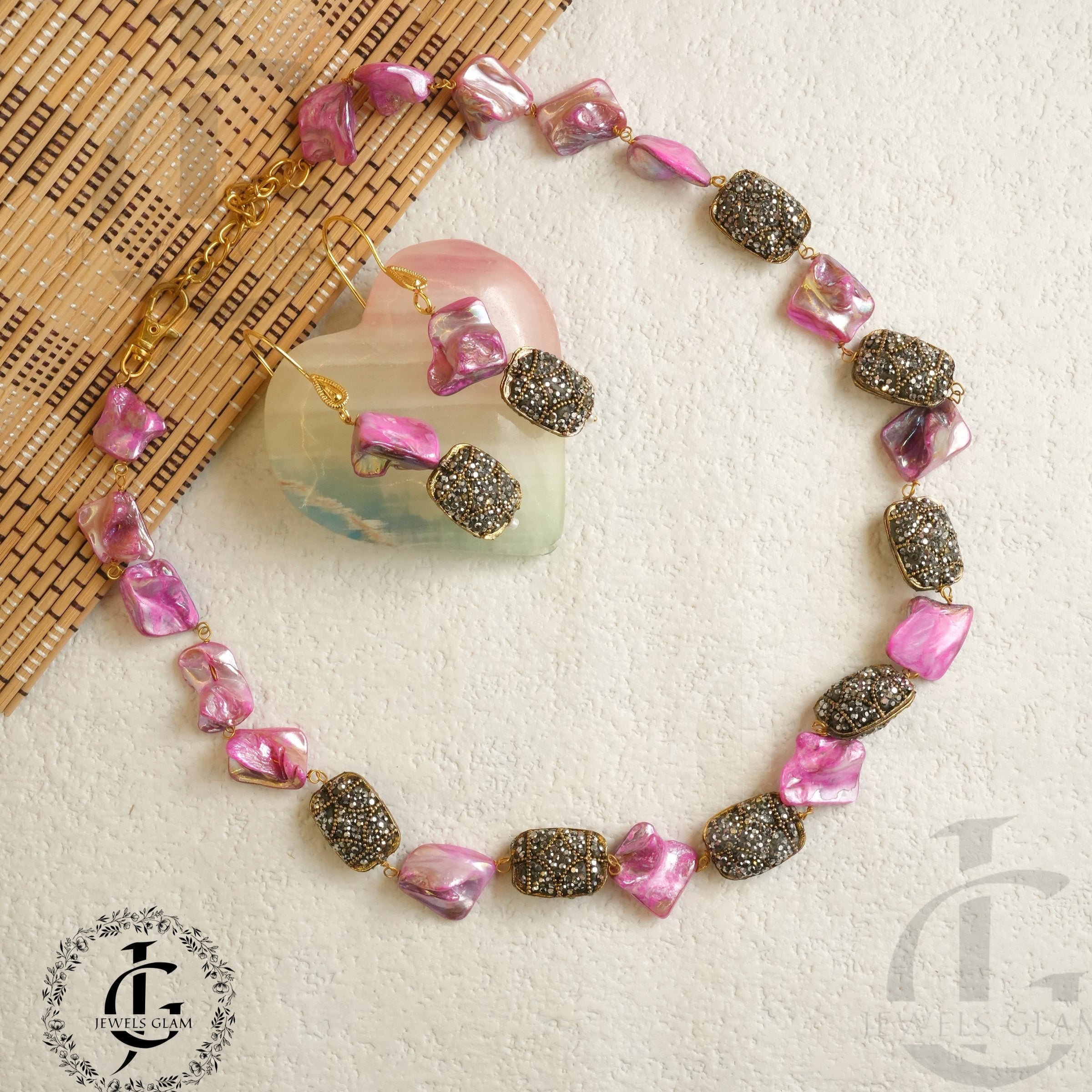 Radiant Pink Shell and Glitter Mala Set