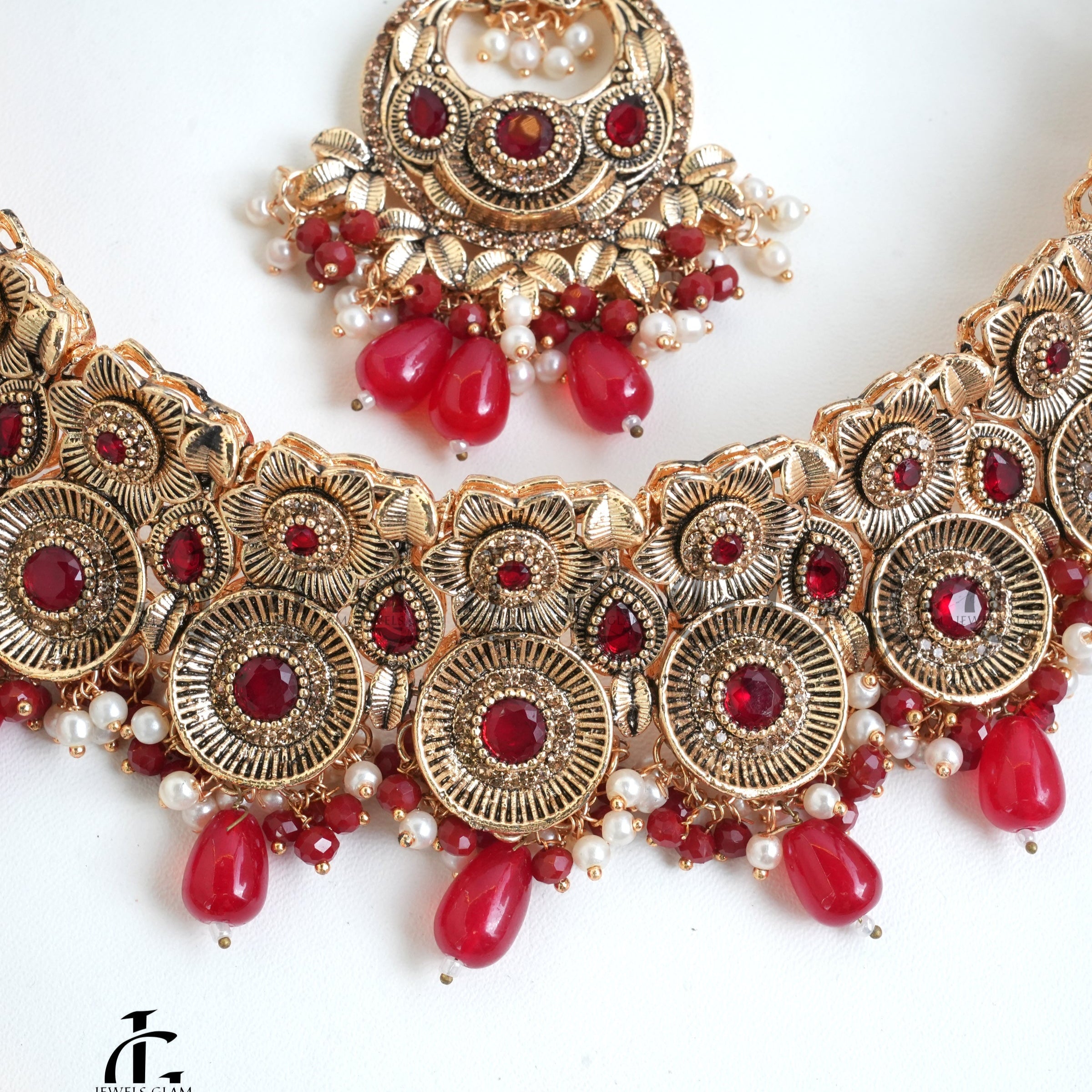 Red Matte Gold Toned Collar Set With Pearl Accents