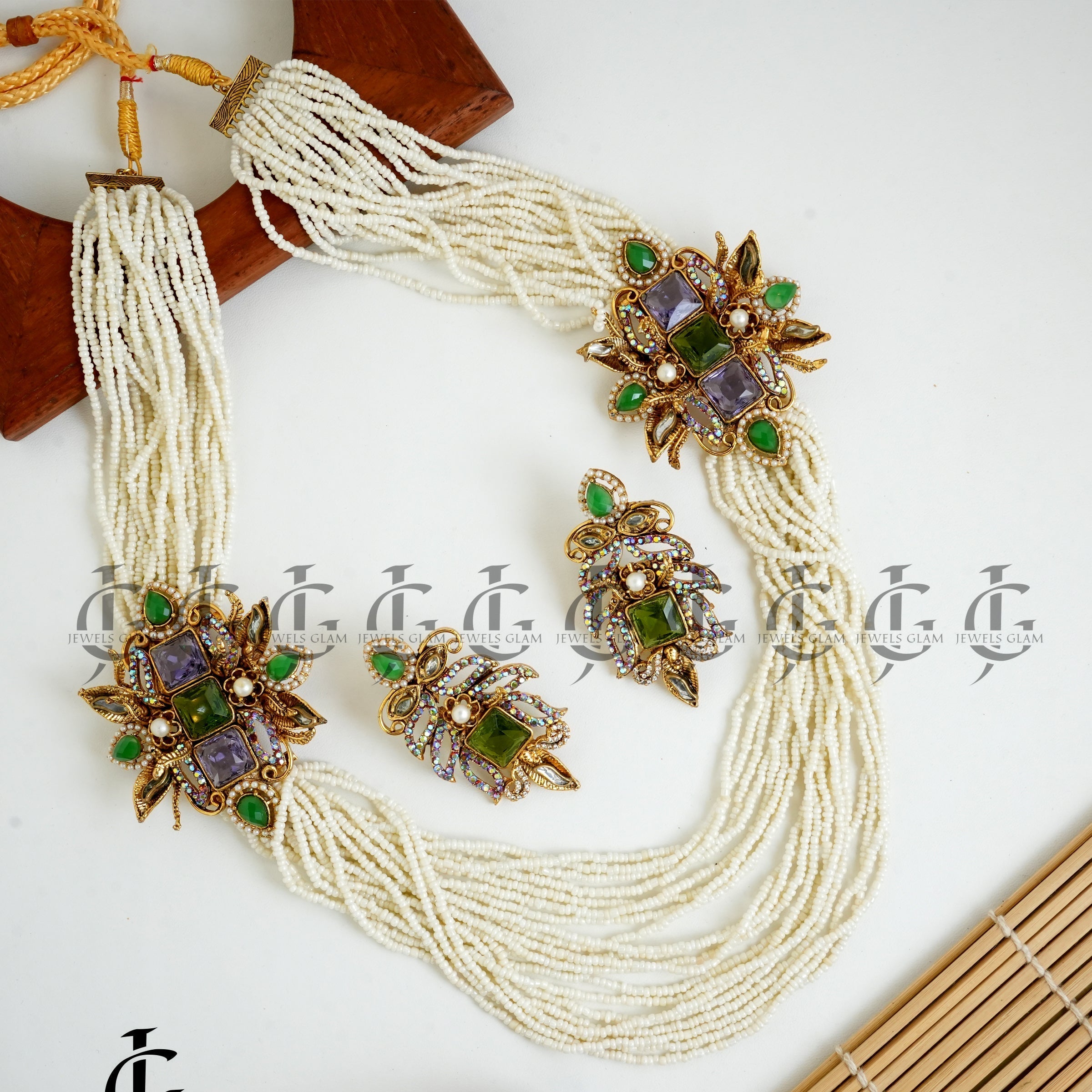 Royal Multilayer Pearl Mala with Ornate Gemstone Clasps