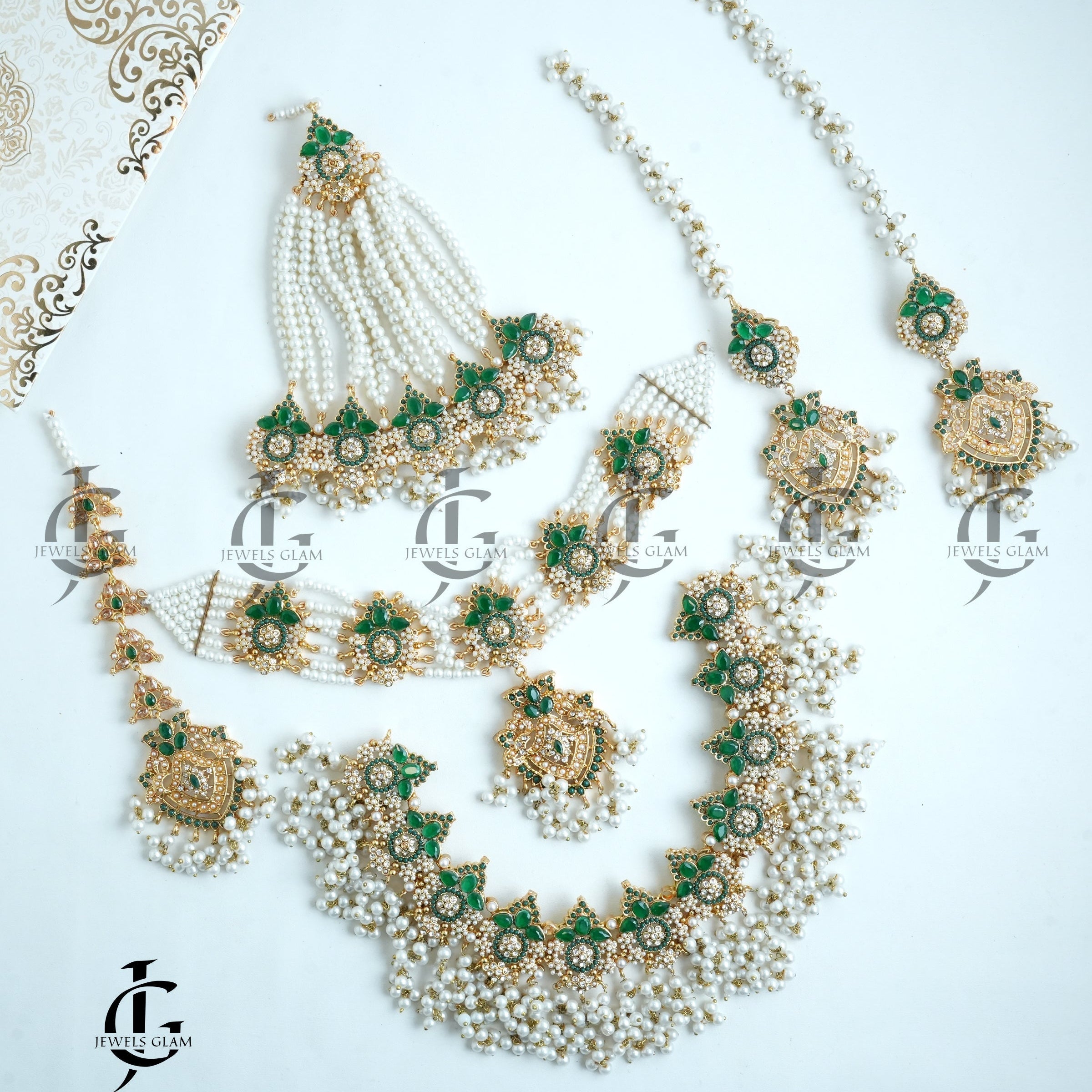 Exquisite Green & White Pearl Bridal Jewelry Set