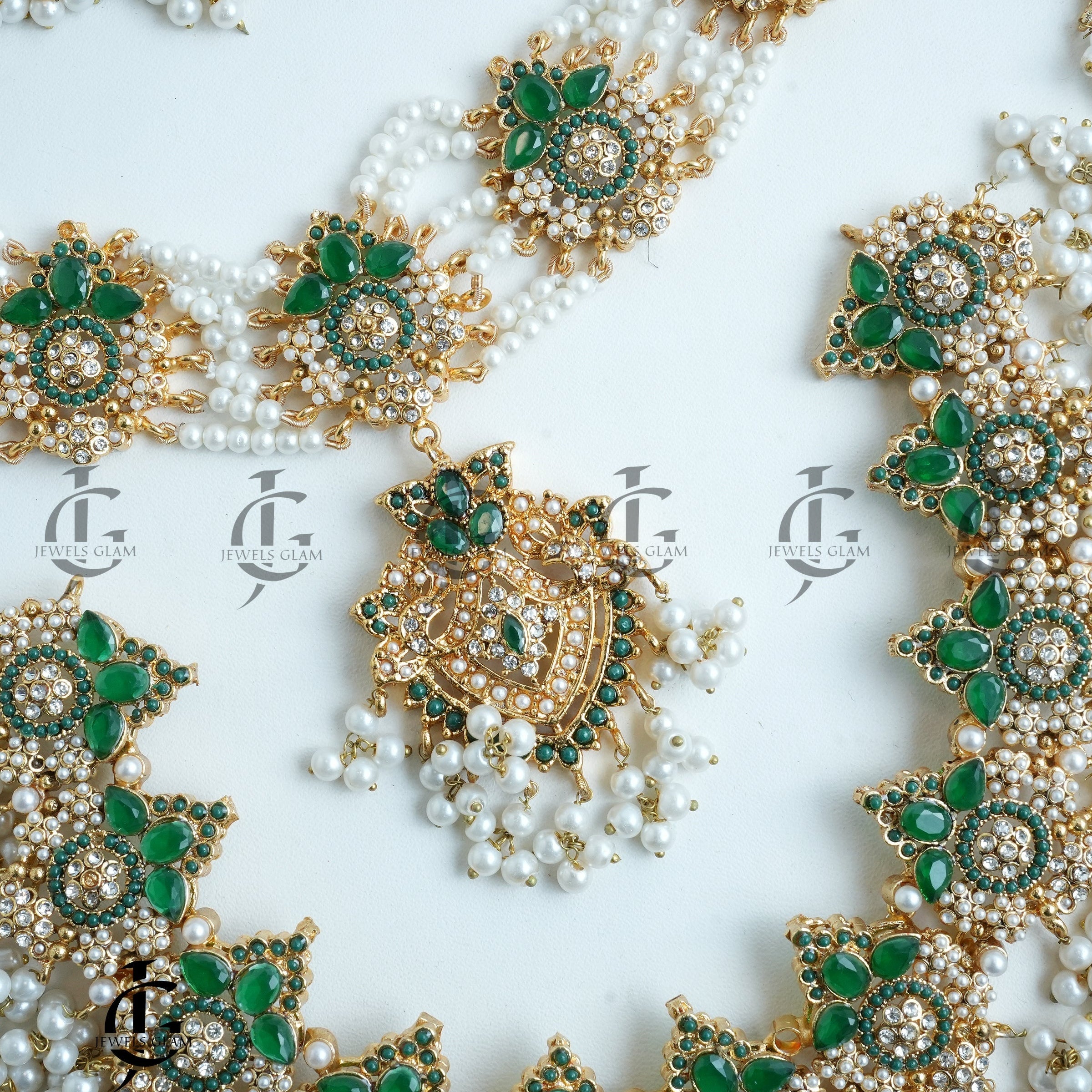 Exquisite Green & White Pearl Bridal Jewelry Set