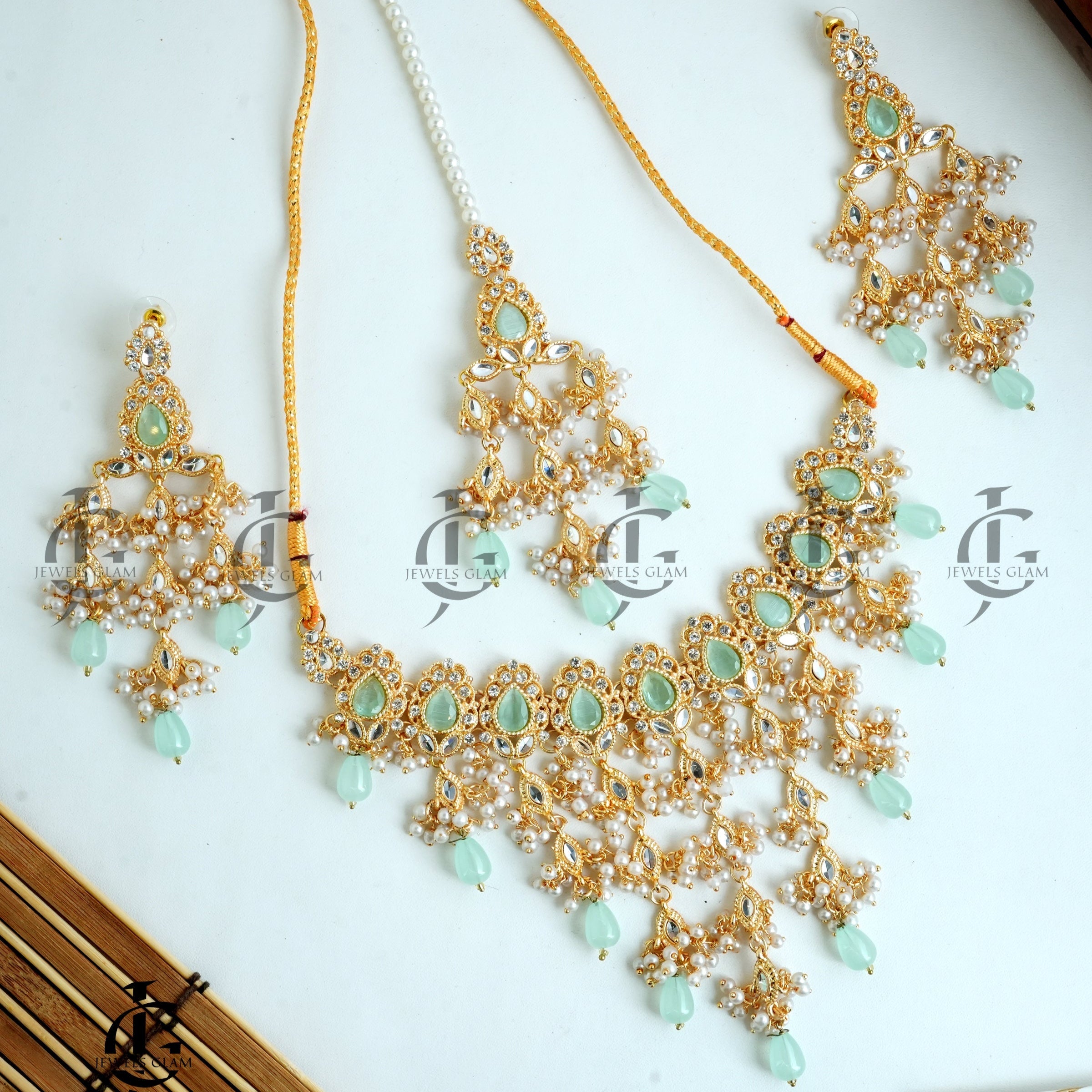 Golden Pearl & Mint Kundan Bridal Jewelry Set – Regal Elegance