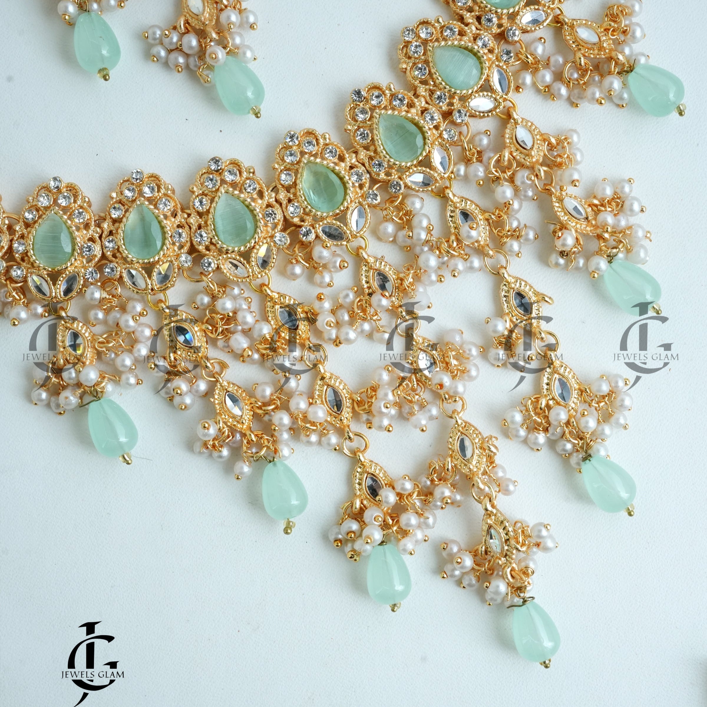 Golden Pearl & Mint Kundan Bridal Jewelry Set – Regal Elegance