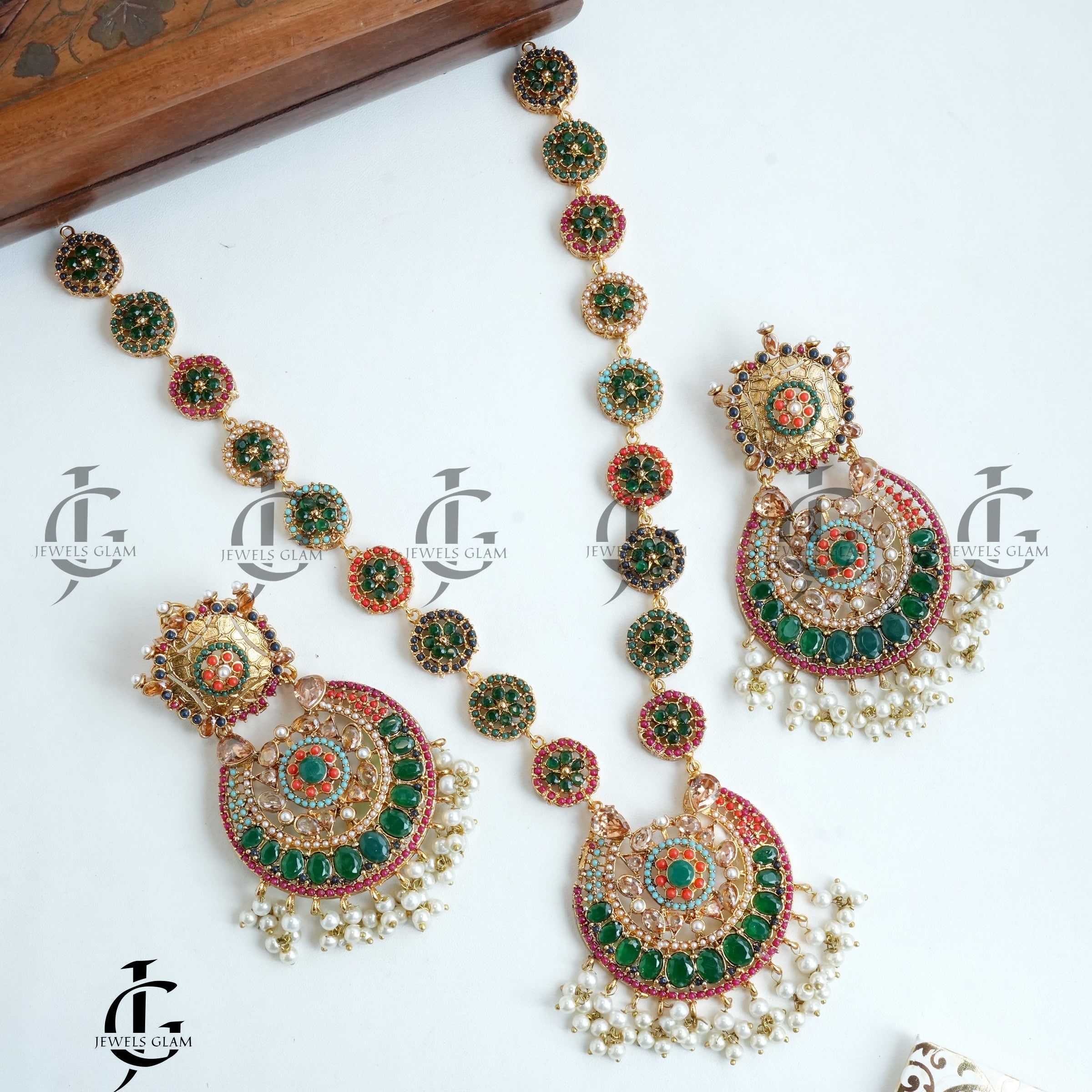 Regal Green and Red Kundan Pearl Mala Set
