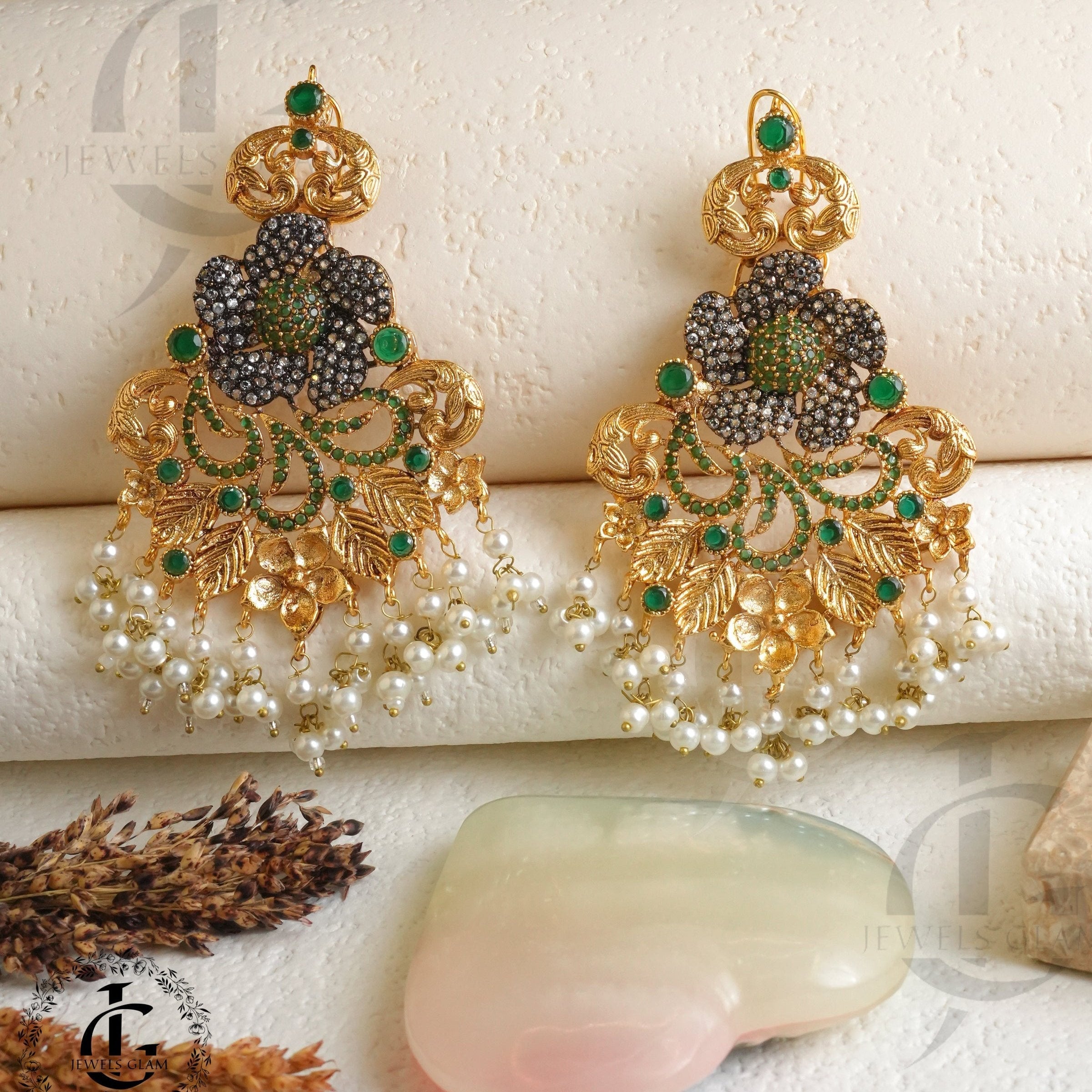 Enchanted Emerald Floral Gold Earrings