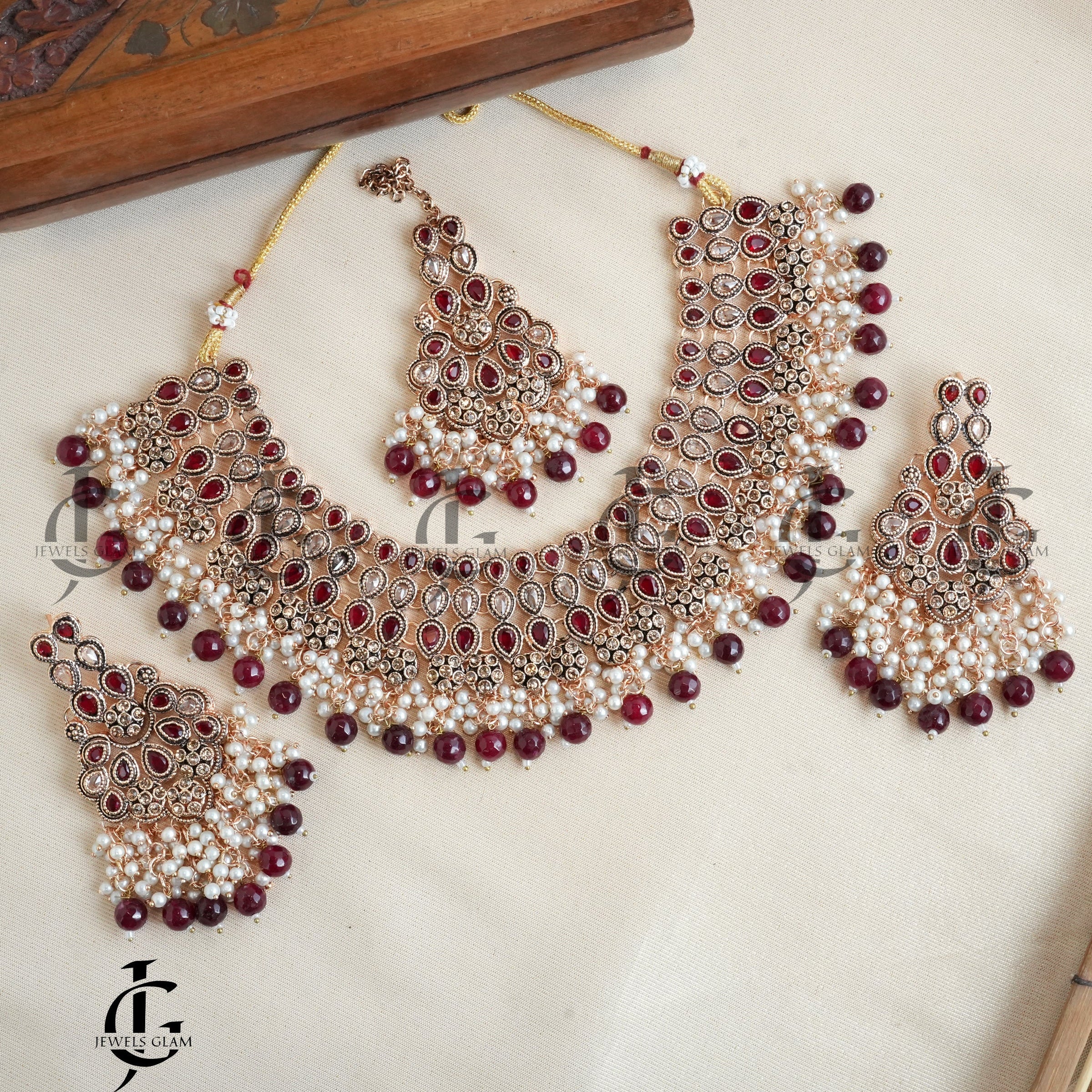 Royal Ruby Bridal Pearl Jewelry Set