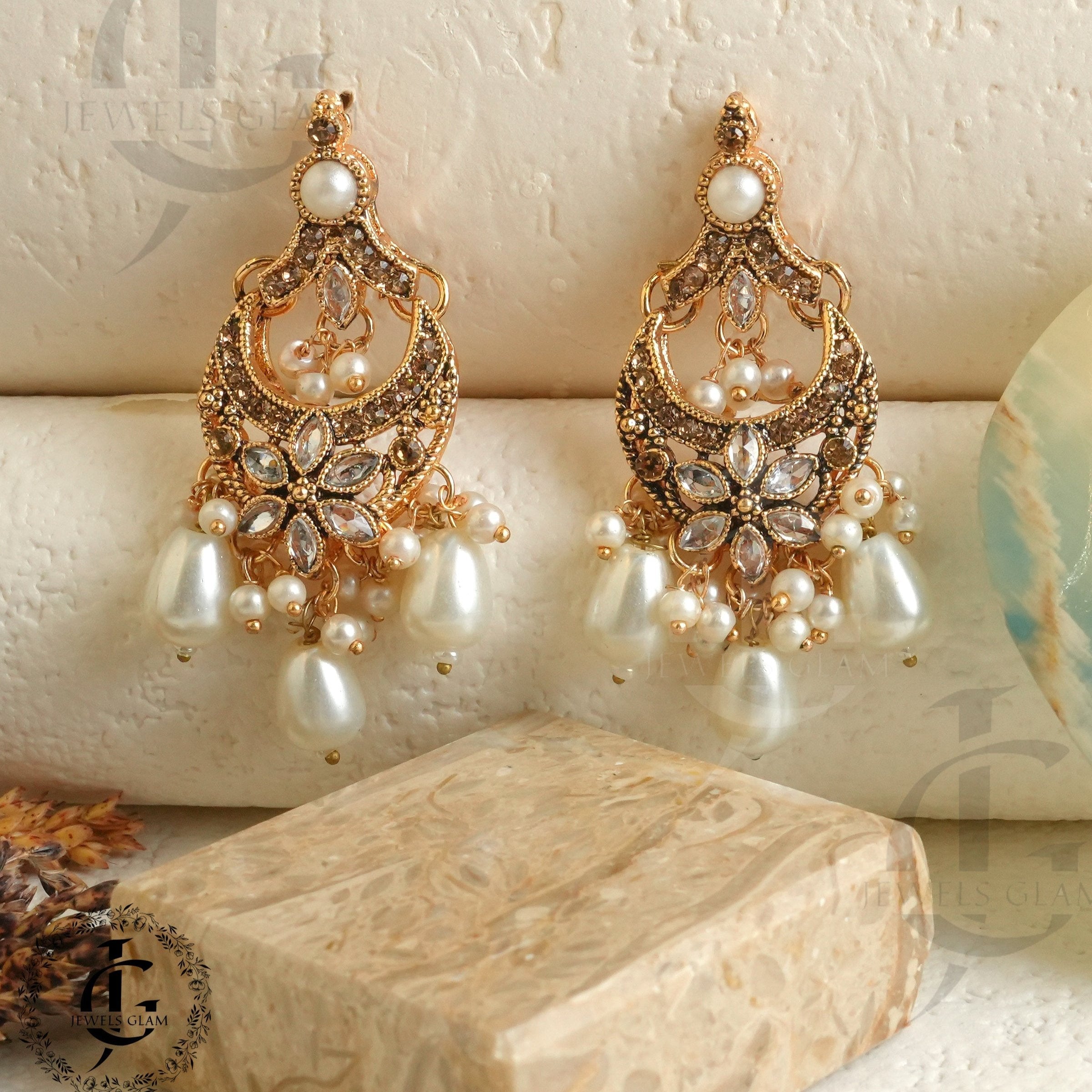 Elegant Gold Chandbali Earrings with Pearl Drops