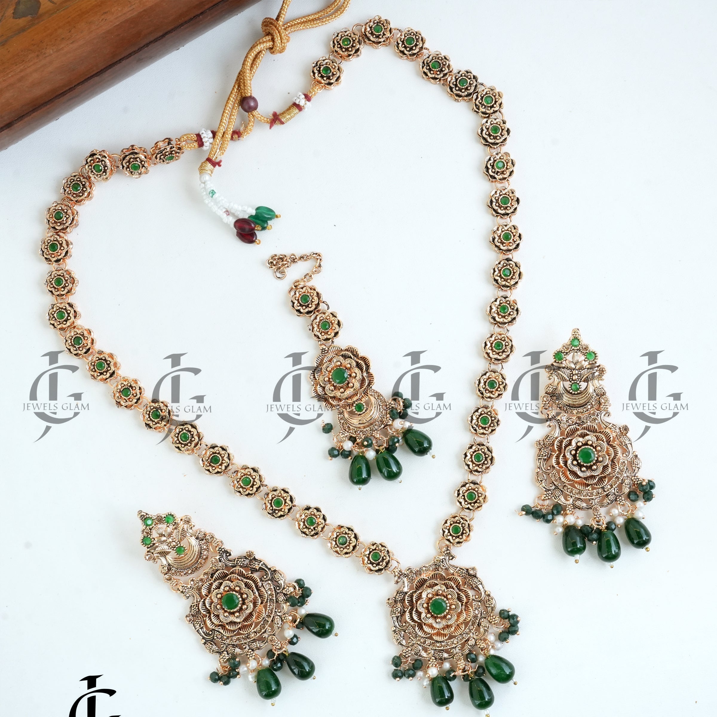 Green Stone Rose Gold Floral Mala Set