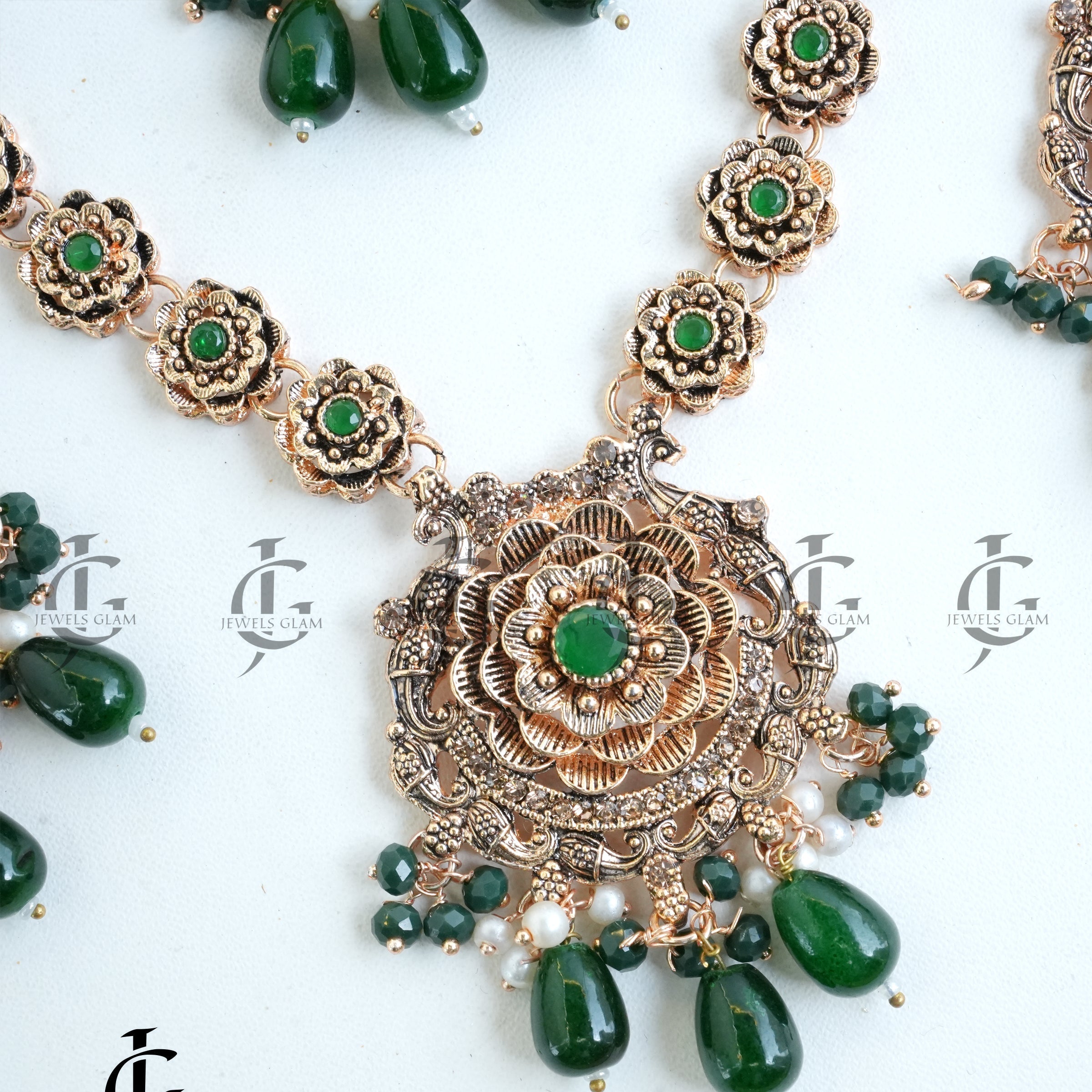 Green Stone Rose Gold Floral Mala Set