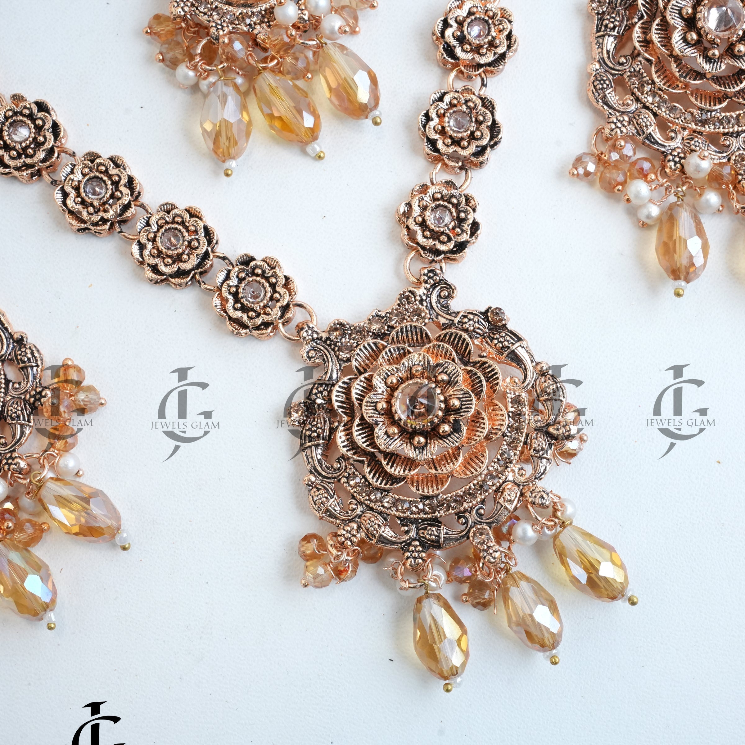Rose Gold Floral Bead Drop Mala Set