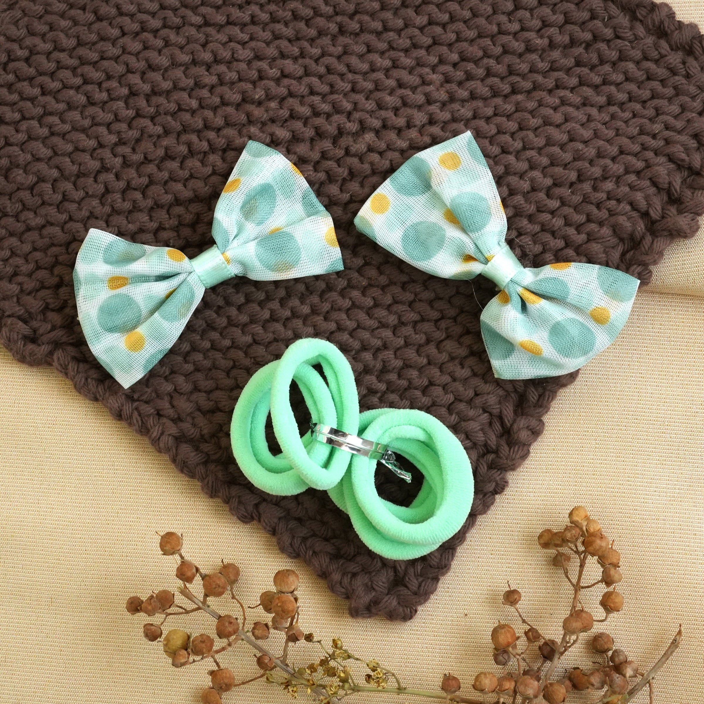 Polka Dot Bow Hair Pins & Soft Mint Ponytail Holders Set