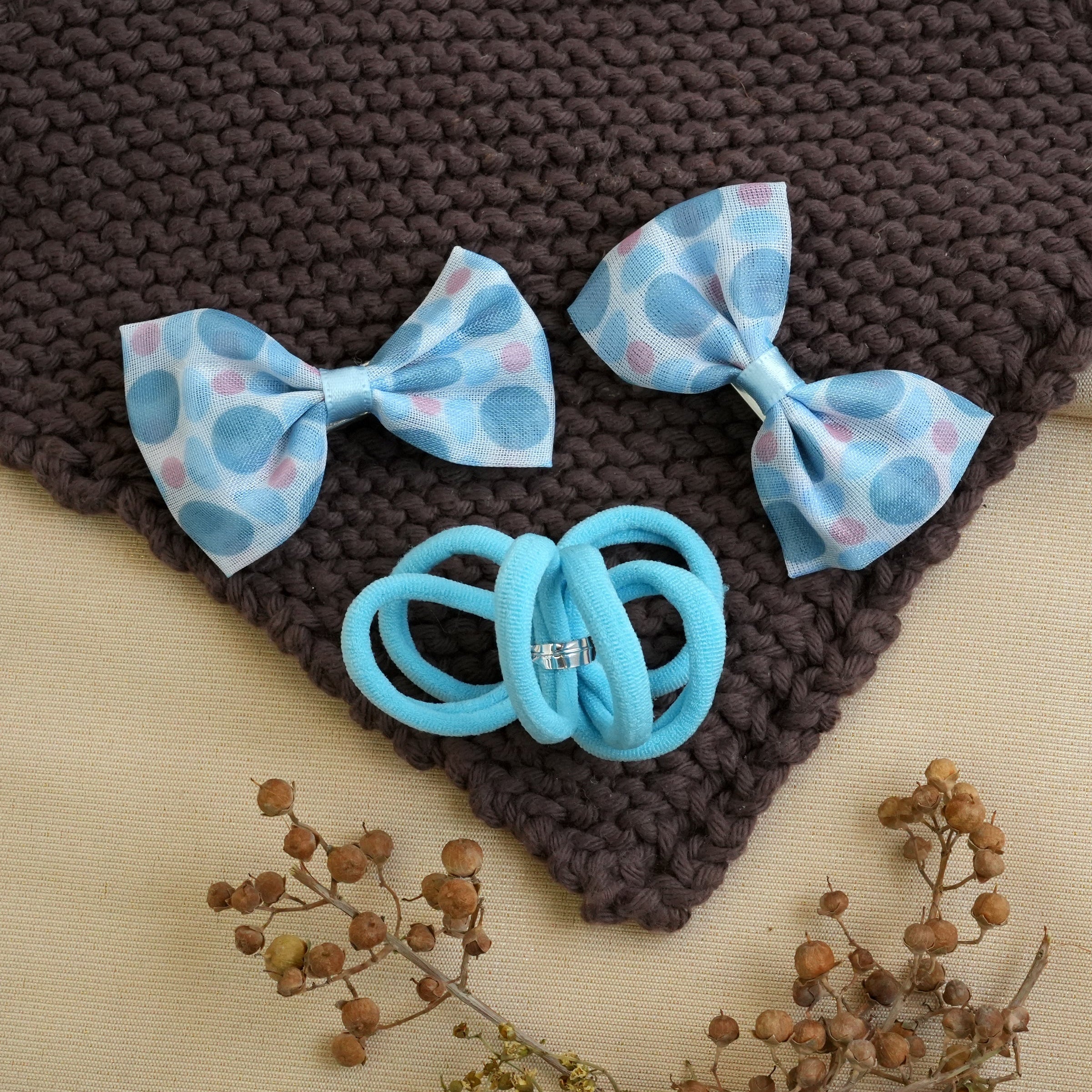 Polka Dot Bow Hair Pins & Soft Mint Ponytail Holders Set