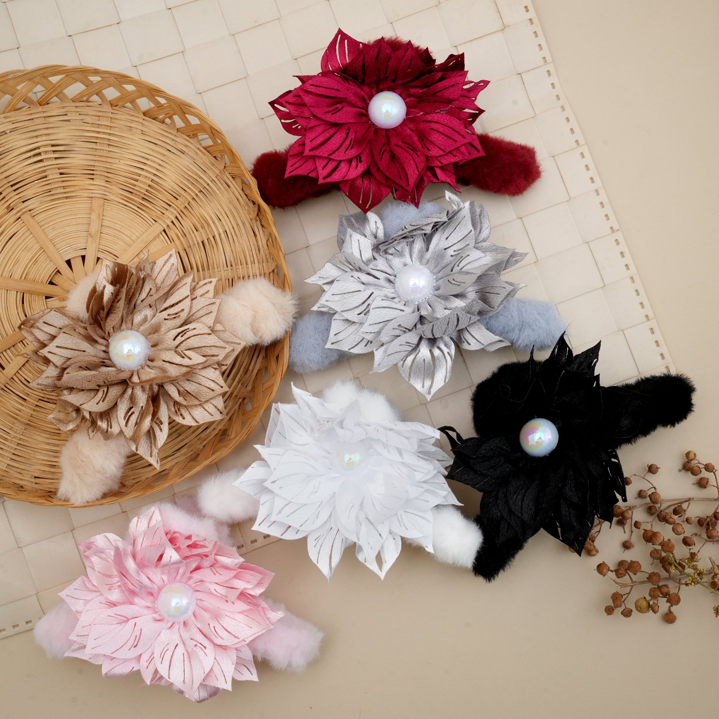 Elegant Floral Fur Hair Catchers with Pearl Accent