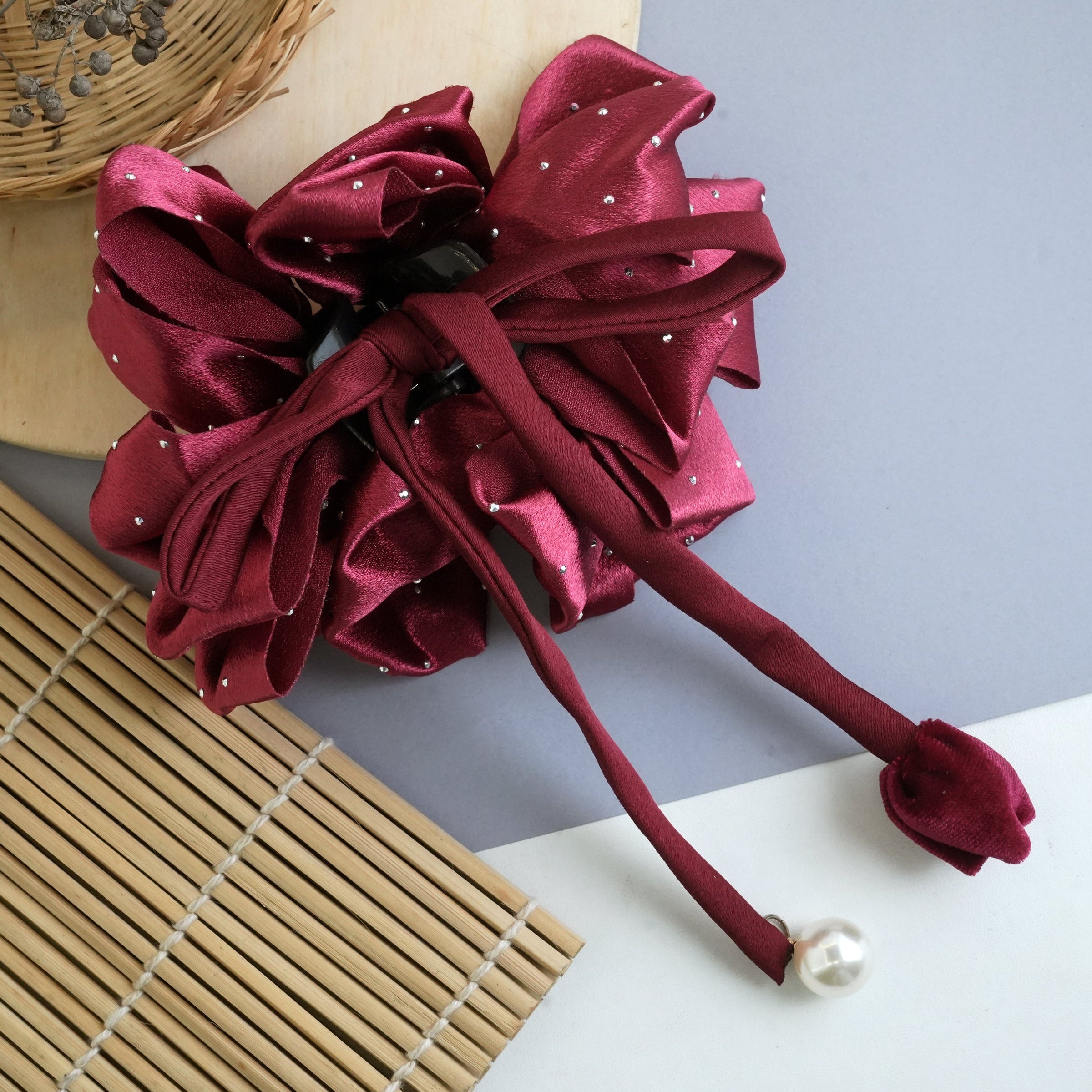 Elegant Burgundy Satin Bow Hair Claw with Pearl Detail
