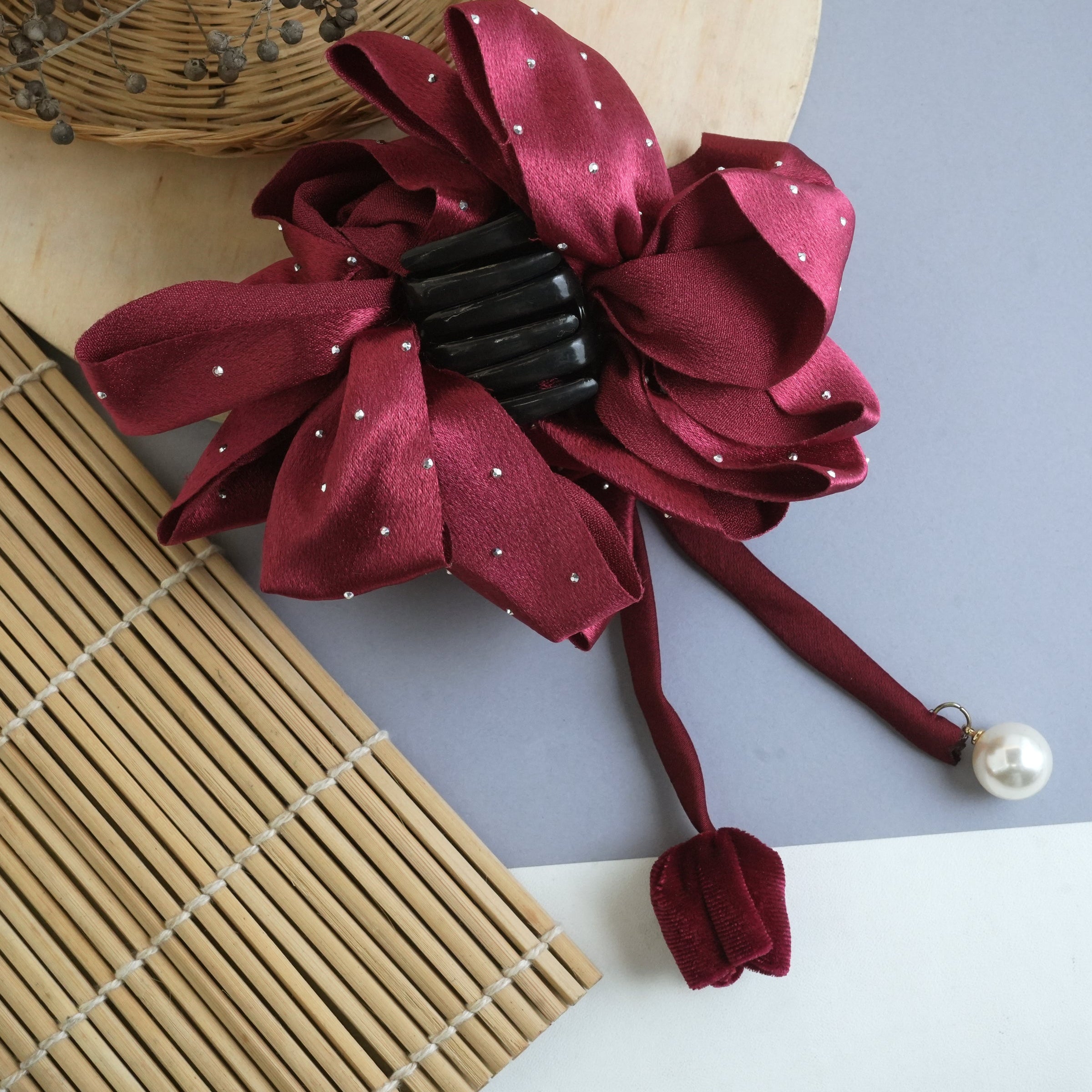 Elegant Burgundy Satin Bow Hair Claw with Pearl Detail