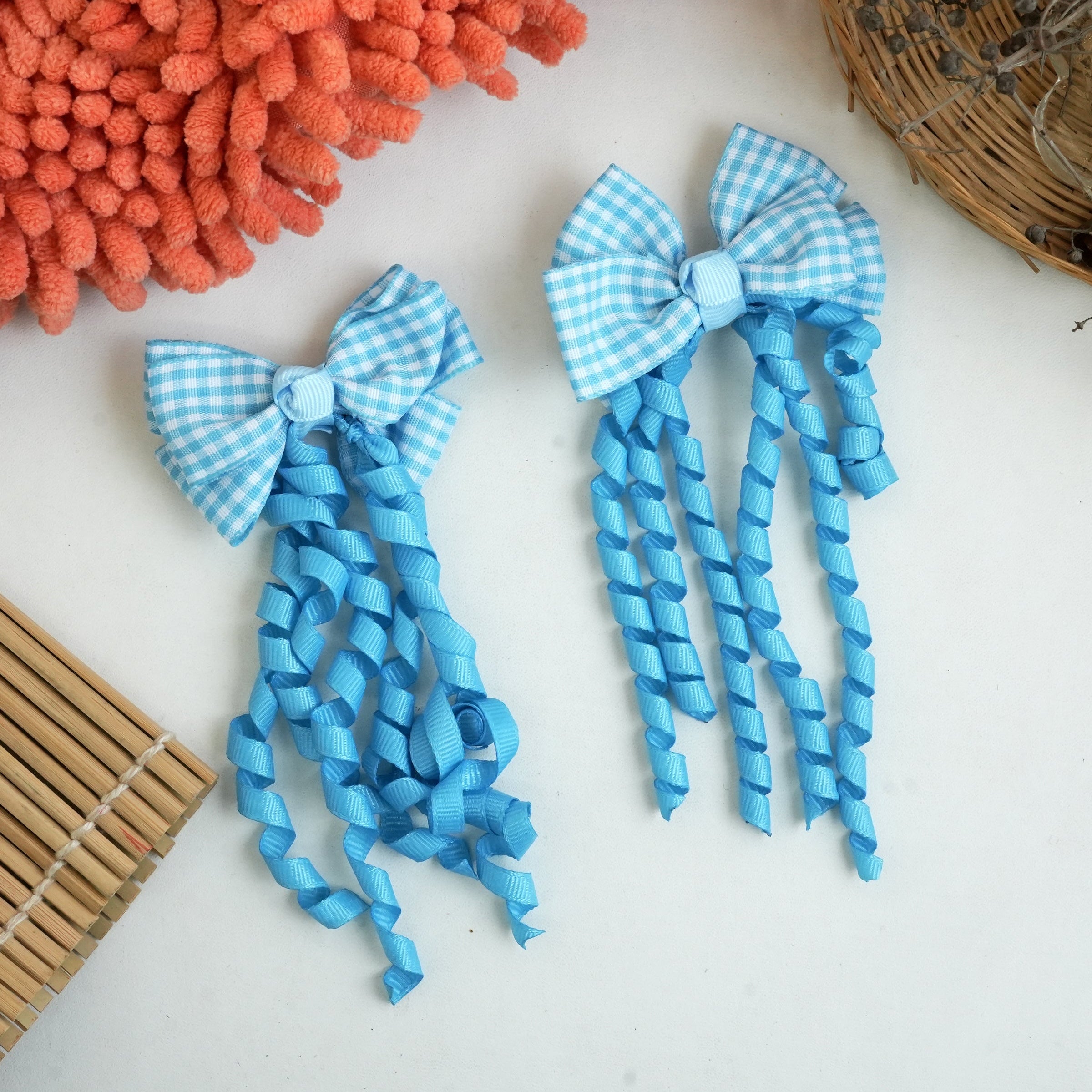 "Gingham Ribbon Bow Hair Clips – Vibrant Braided Collection" (pair)
