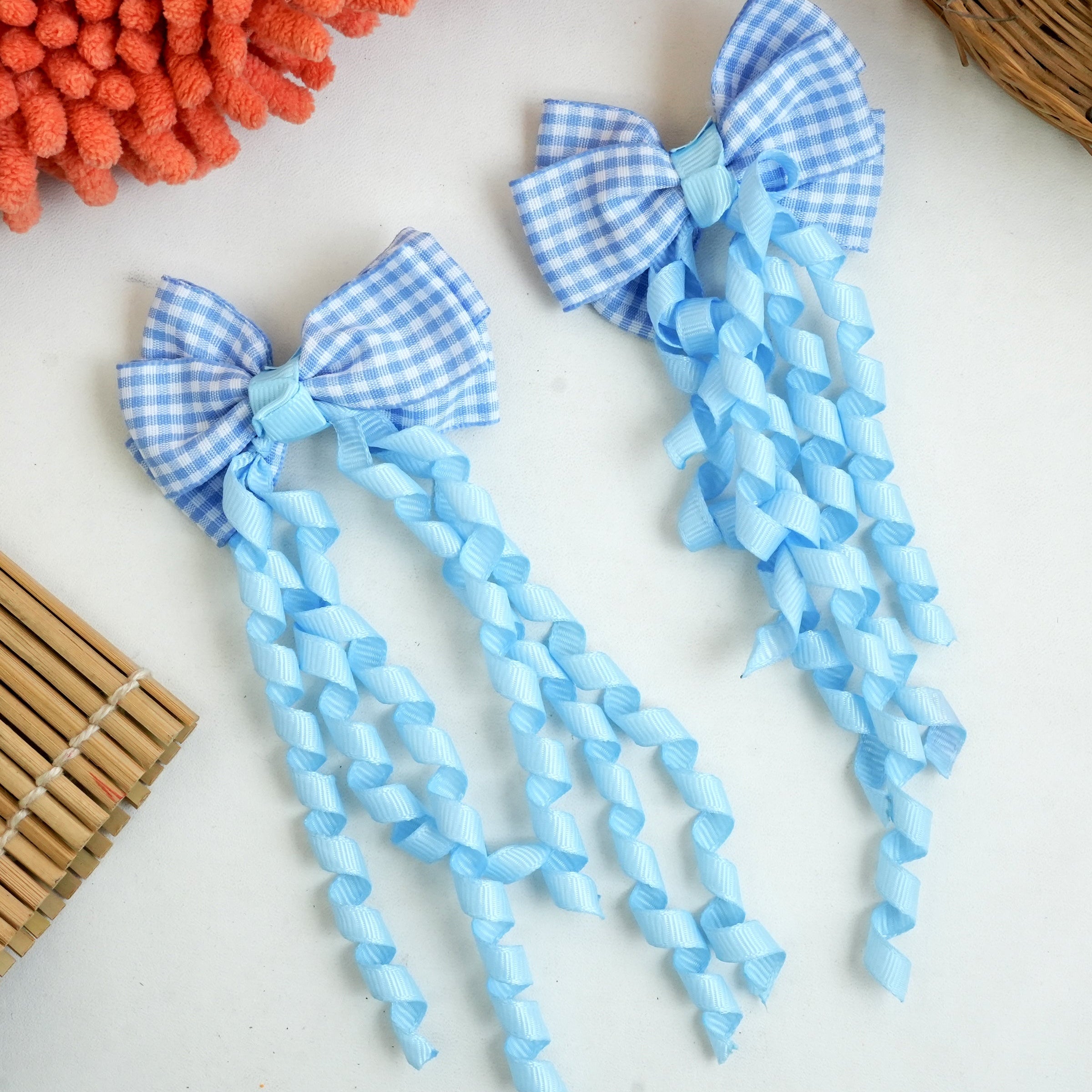 "Gingham Ribbon Bow Hair Clips – Vibrant Braided Collection" (pair)