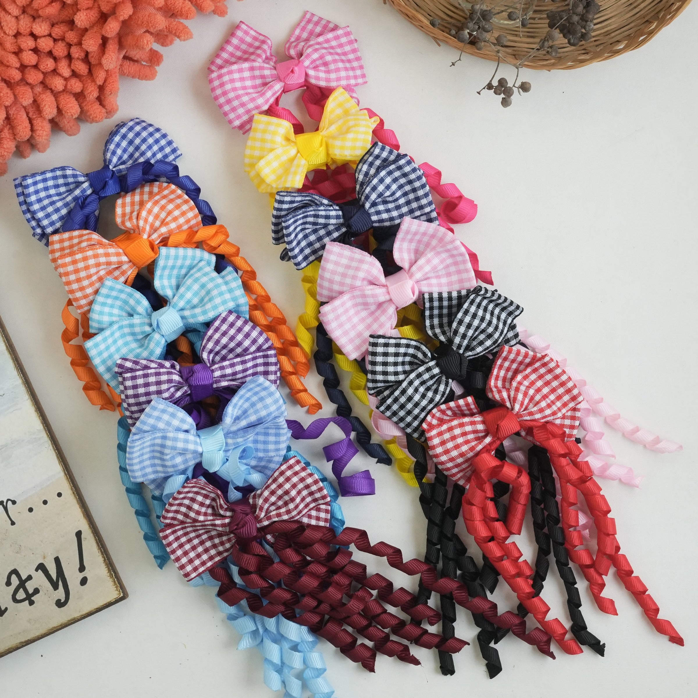 "Gingham Ribbon Bow Hair Clips – Vibrant Braided Collection" (pair)