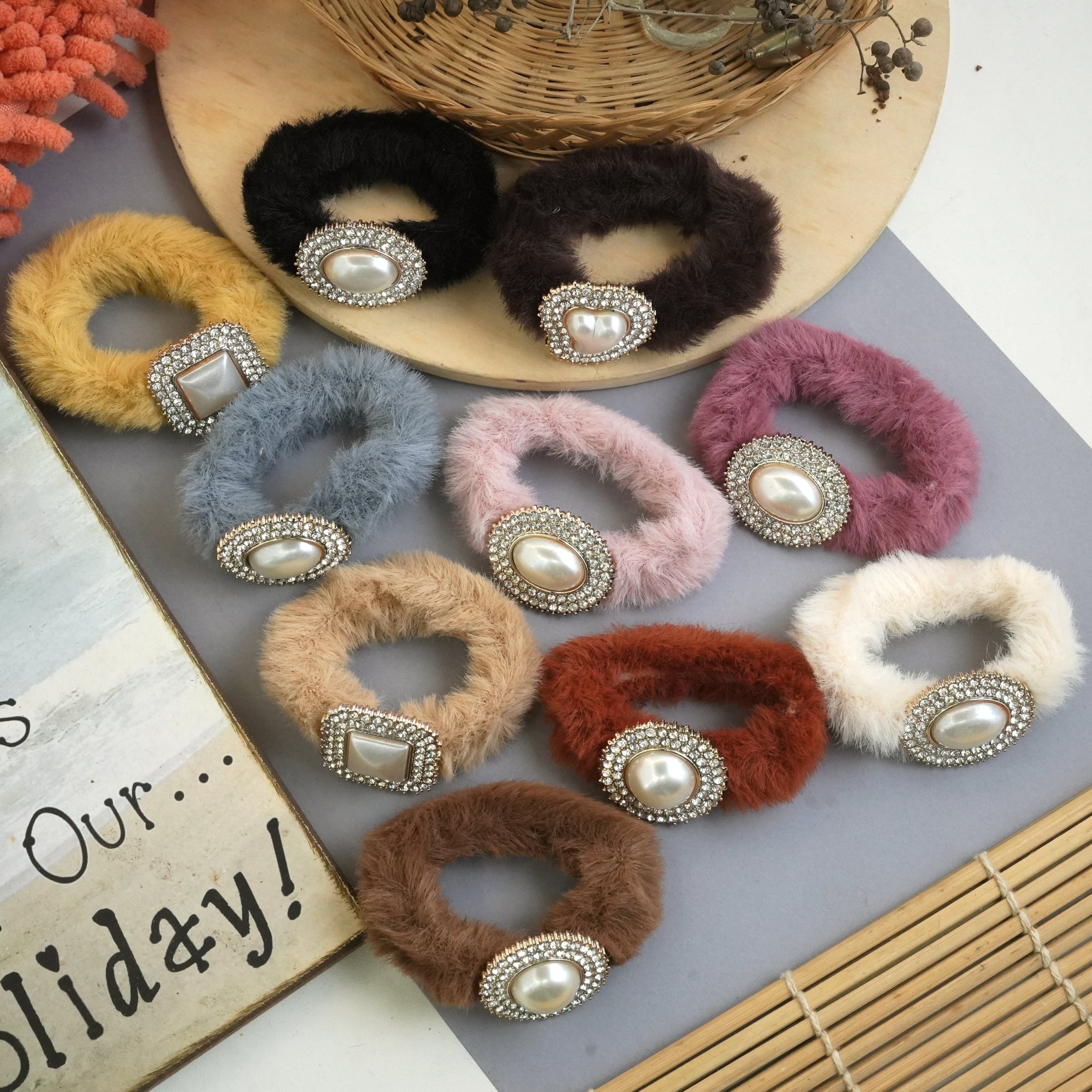 Luxurious Fuzzy Hair Ties with Pearl and Rhinestone Embellishments