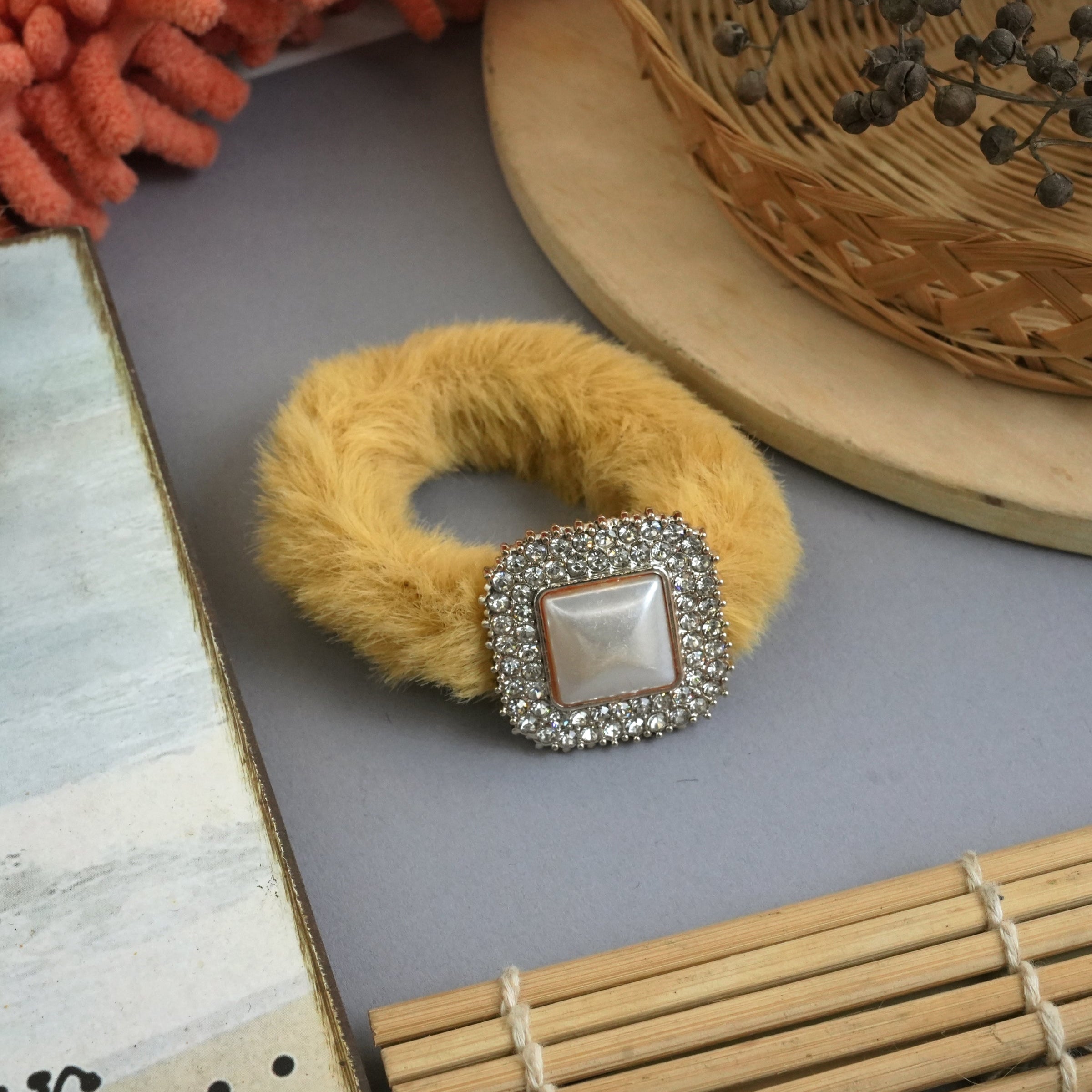 Luxurious Fuzzy Hair Ties with Pearl and Rhinestone Embellishments