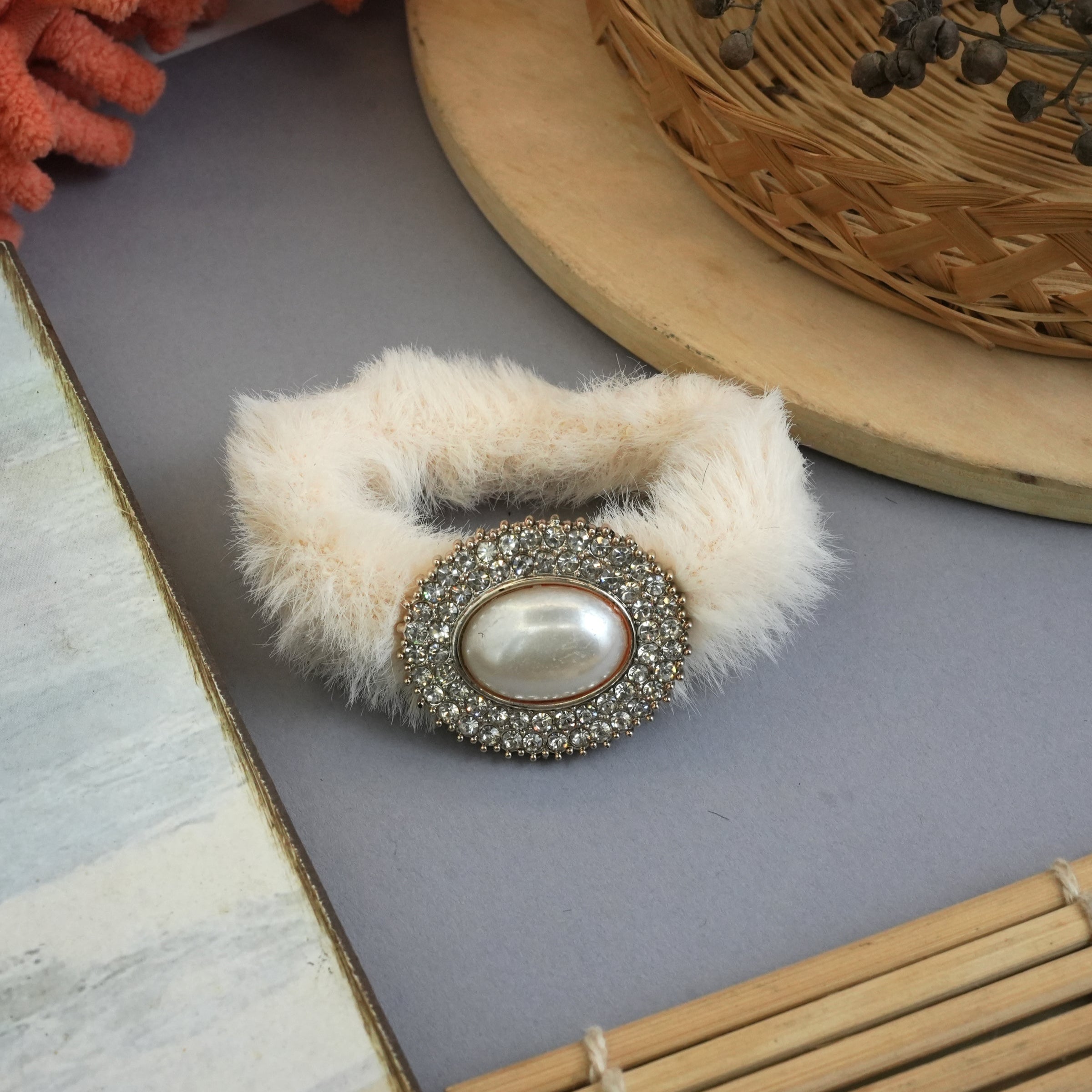 Luxurious Fuzzy Hair Ties with Pearl and Rhinestone Embellishments