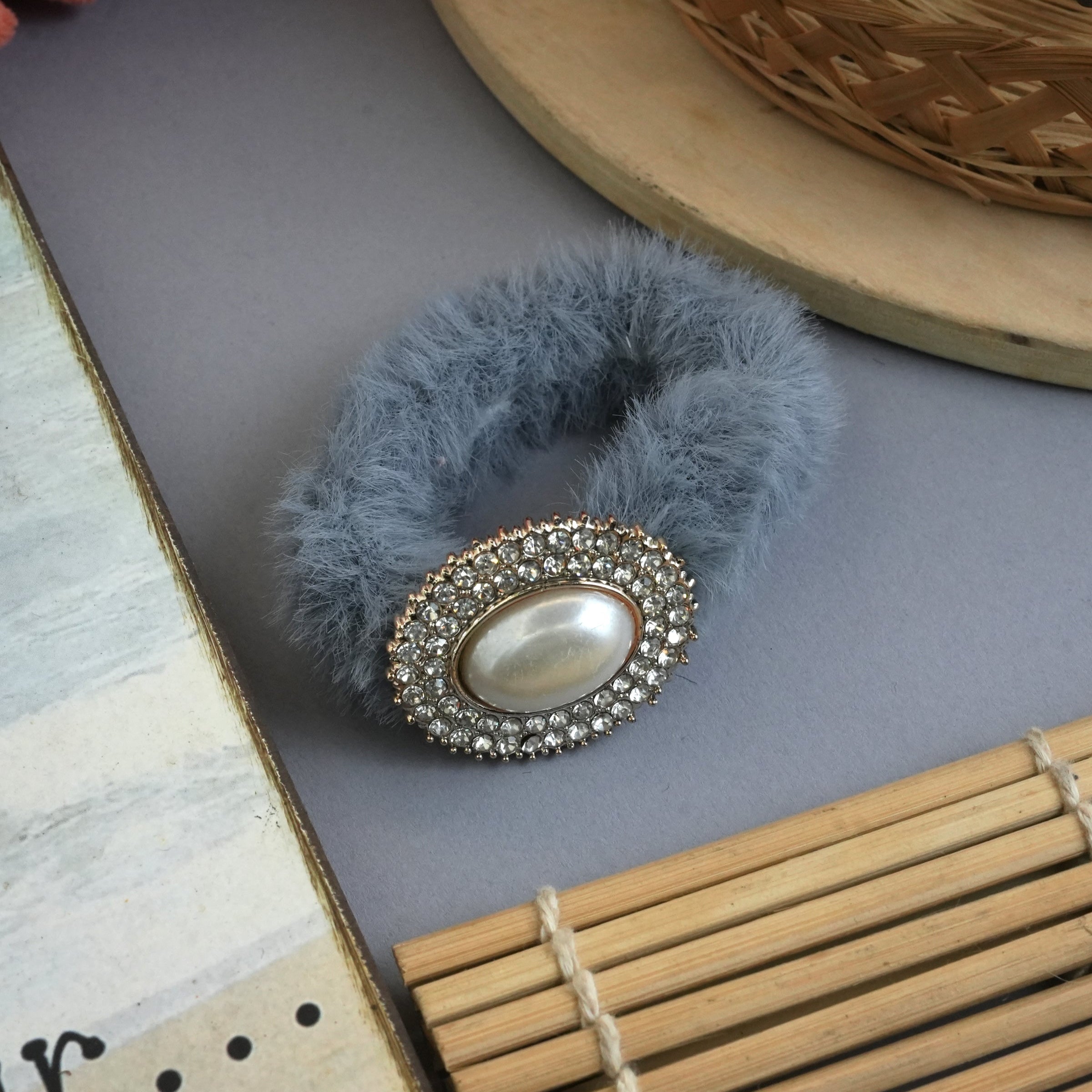Luxurious Fuzzy Hair Ties with Pearl and Rhinestone Embellishments