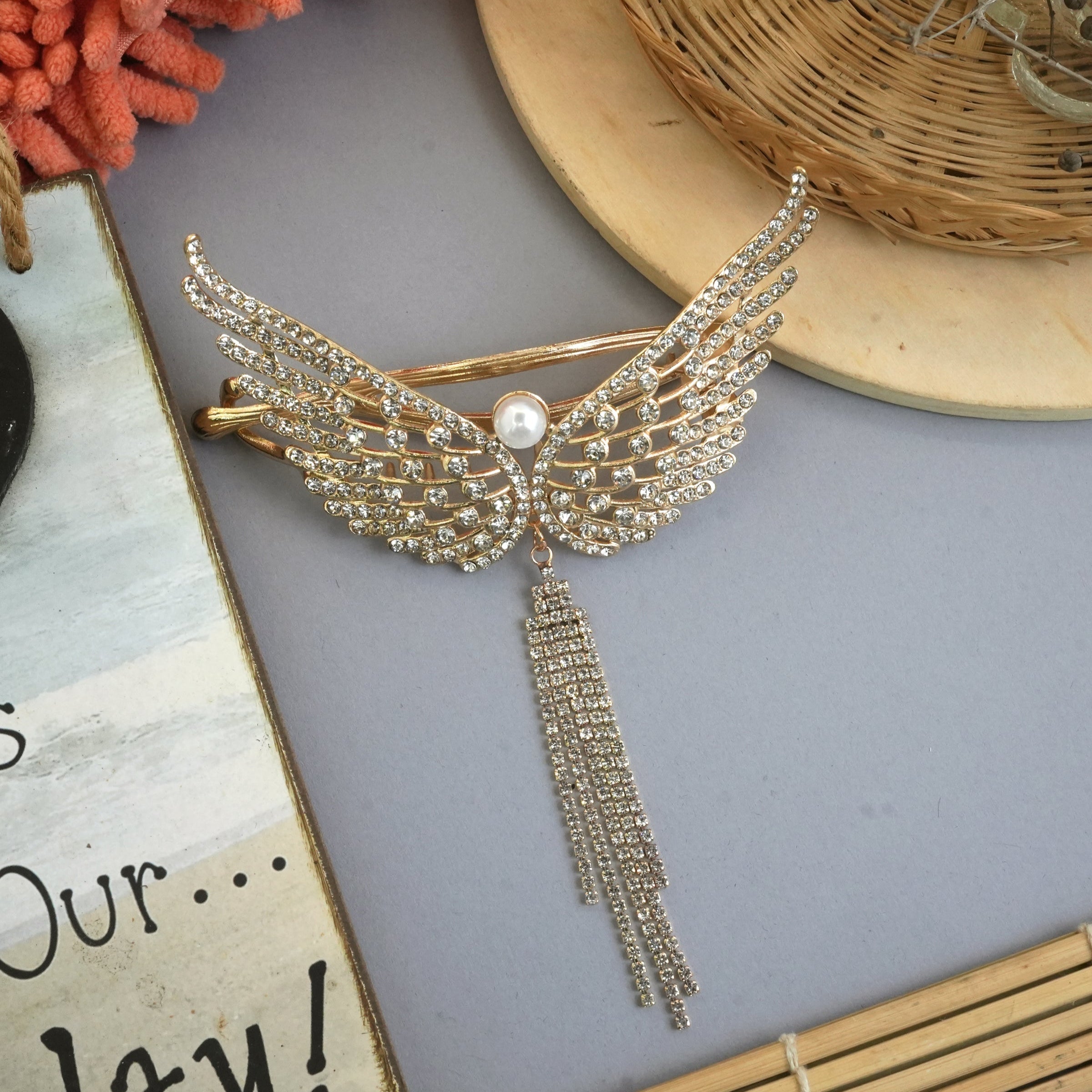 Angel Wing Crystal Hair Clip with Pearl Accent