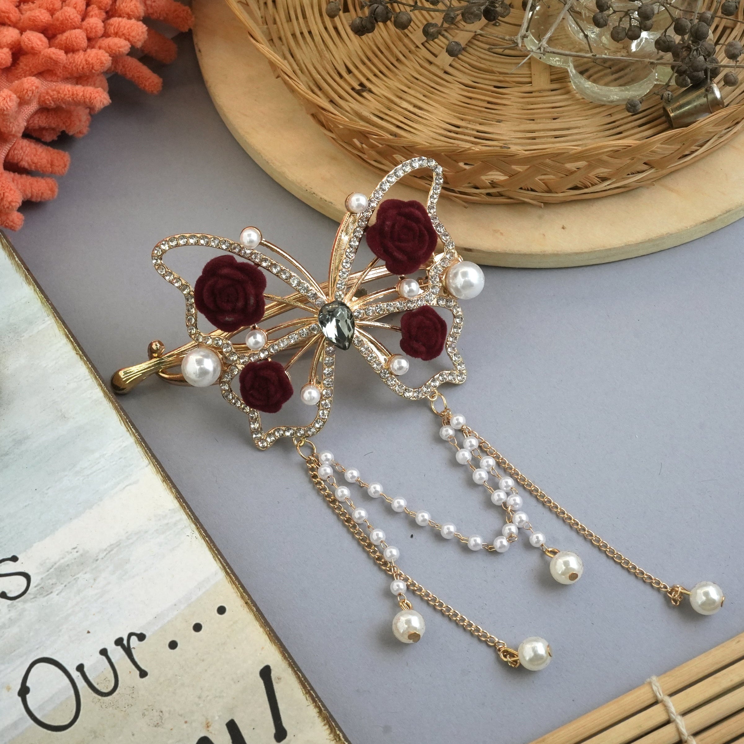 Butterfly Metal Crystal Hair Clip with Rose and Pearl Accents
