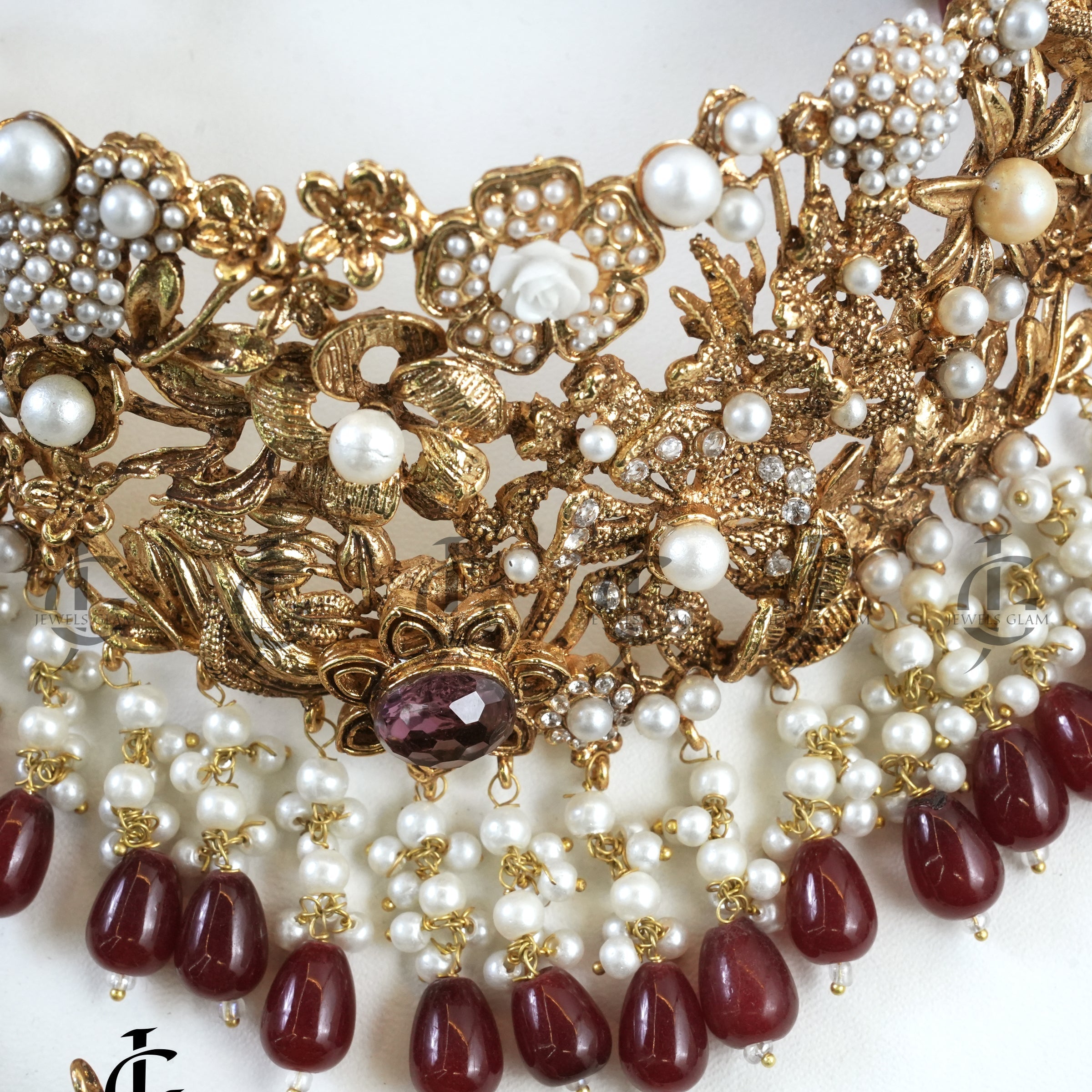 Matte Gold Turkish Collar Set With Deep Red and Pearl Accents